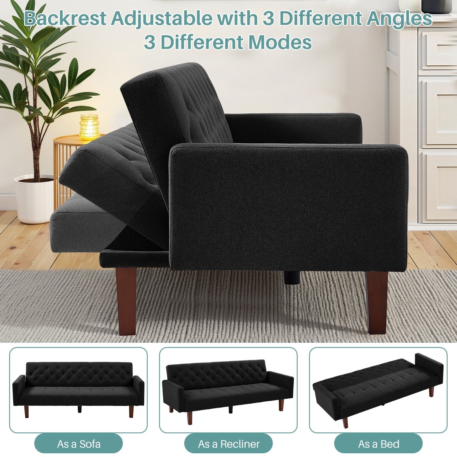 Canapé-lit futon convertible en lin pour une personne (74,41 po) avec dossier réglable (74,41 x 32,68 x 28,94 po)