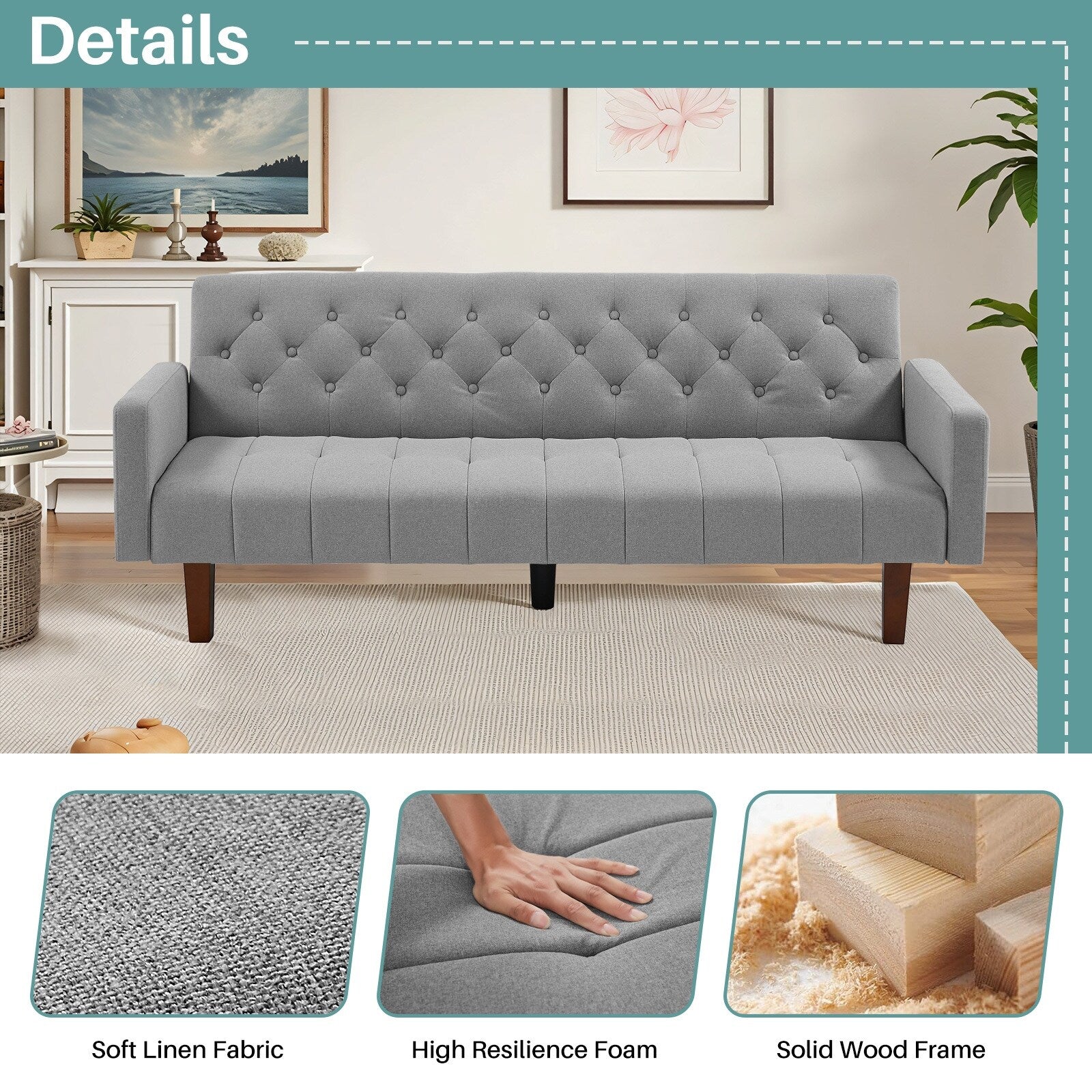 Canapé-lit futon convertible en lin pour une personne (74,41 po) avec dossier réglable (74,41 x 32,68 x 28,94 po)