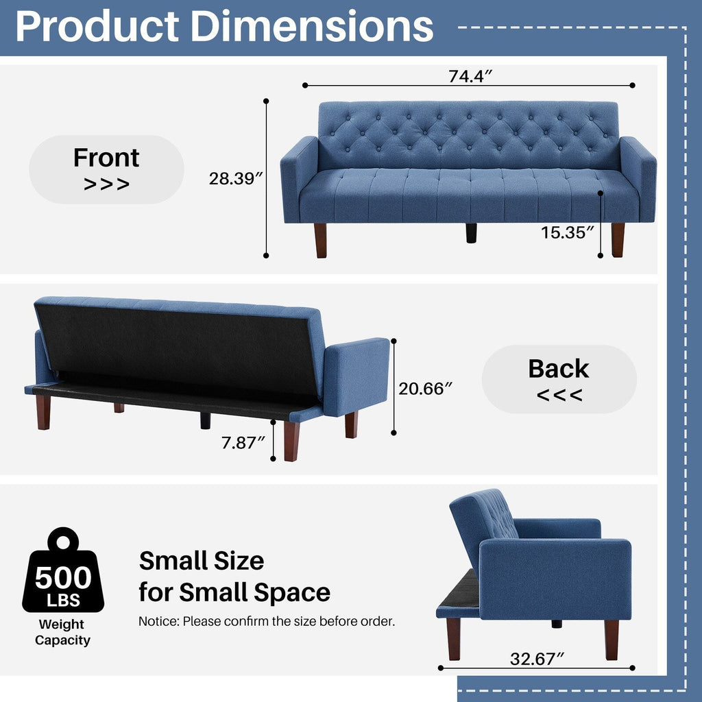 Canapé-lit futon convertible en lin pour une personne (74,41 po) avec dossier réglable (74,41 x 32,68 x 28,94 po)