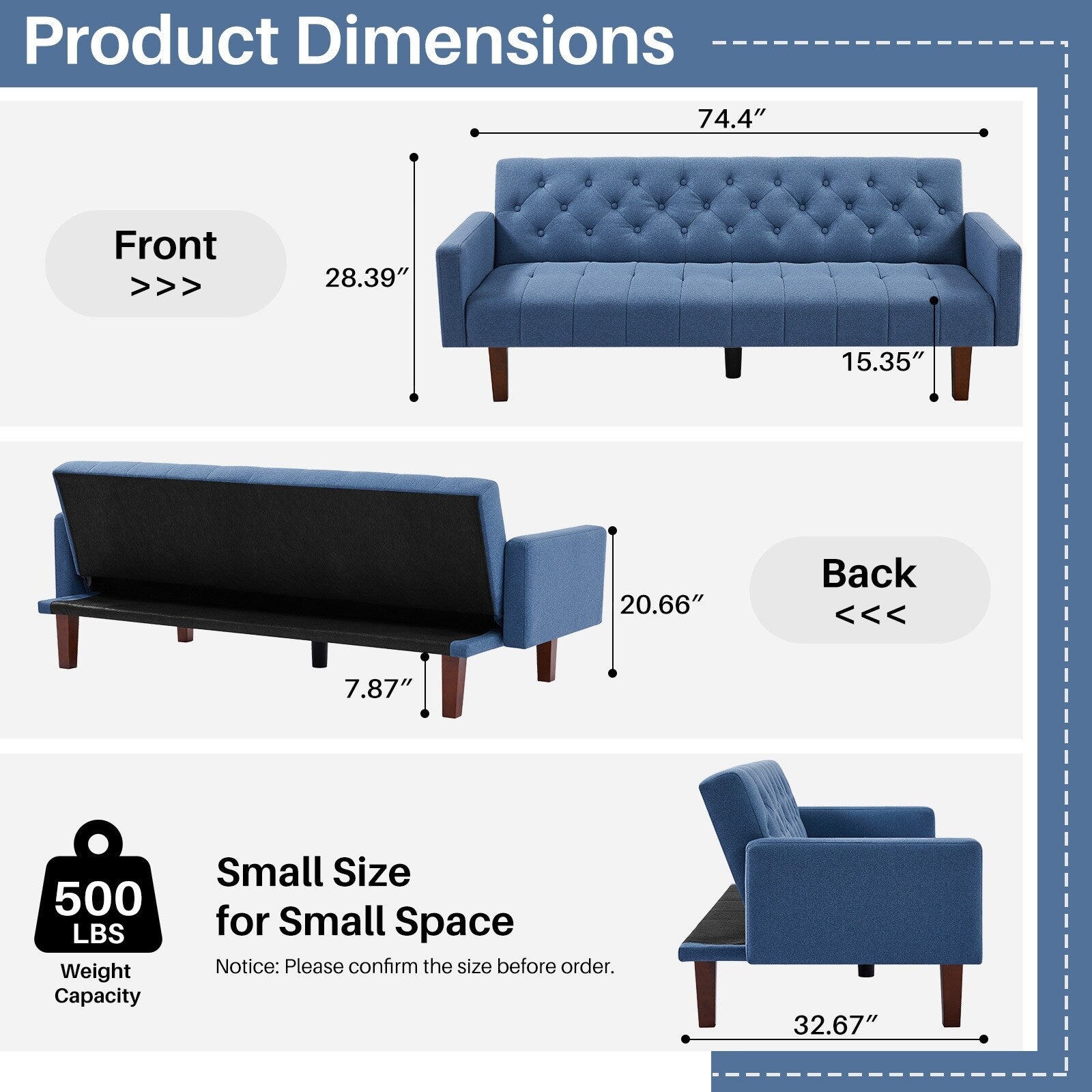 Canapé-lit futon convertible en lin pour une personne (74,41 po) avec dossier réglable (74,41 x 32,68 x 28,94 po)