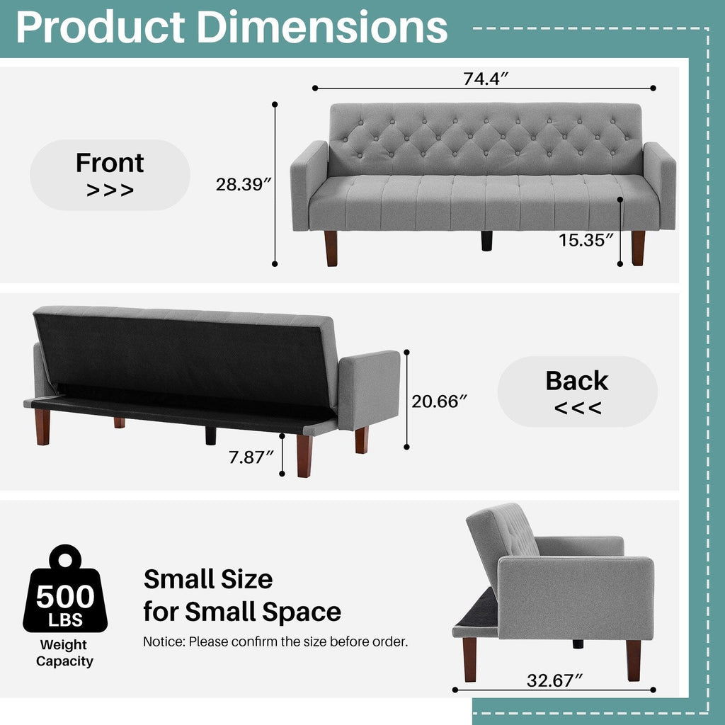 Canapé-lit futon convertible en lin pour une personne (74,41 po) avec dossier réglable (74,41 x 32,68 x 28,94 po)