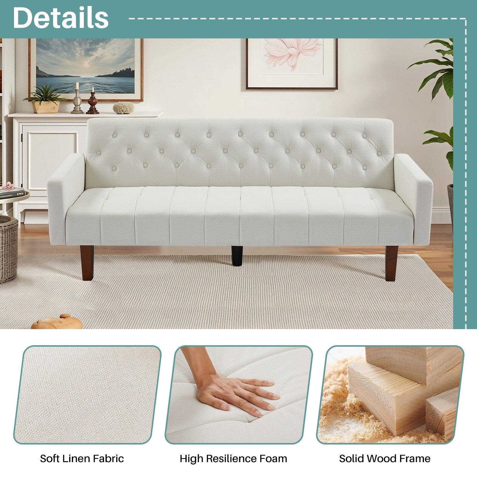 Canapé-lit futon convertible en lin pour une personne (74,41 po) avec dossier réglable (74,41 x 32,68 x 28,94 po)