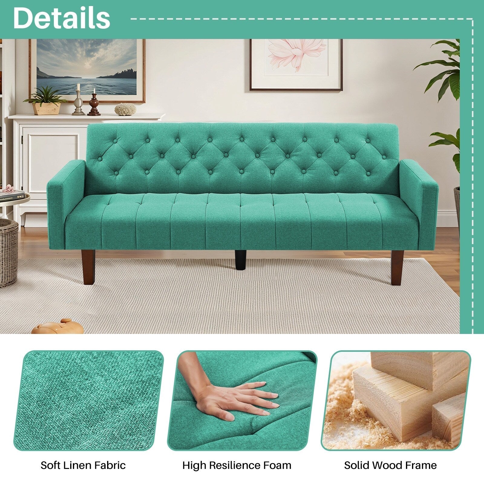 Canapé-lit futon convertible en lin pour une personne (74,41 po) avec dossier réglable (74,41 x 32,68 x 28,94 po)