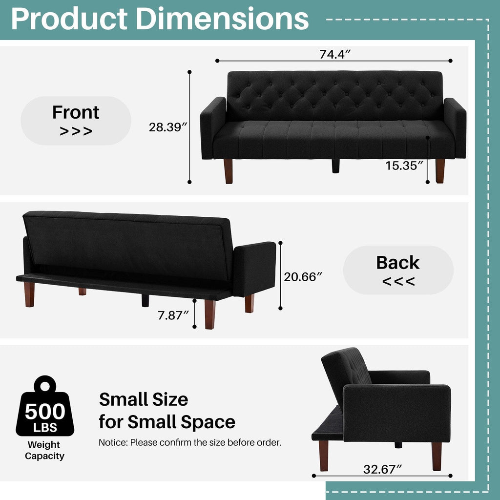 Canapé-lit futon convertible en lin pour une personne (74,41 po) avec dossier réglable (74,41 x 32,68 x 28,94 po)