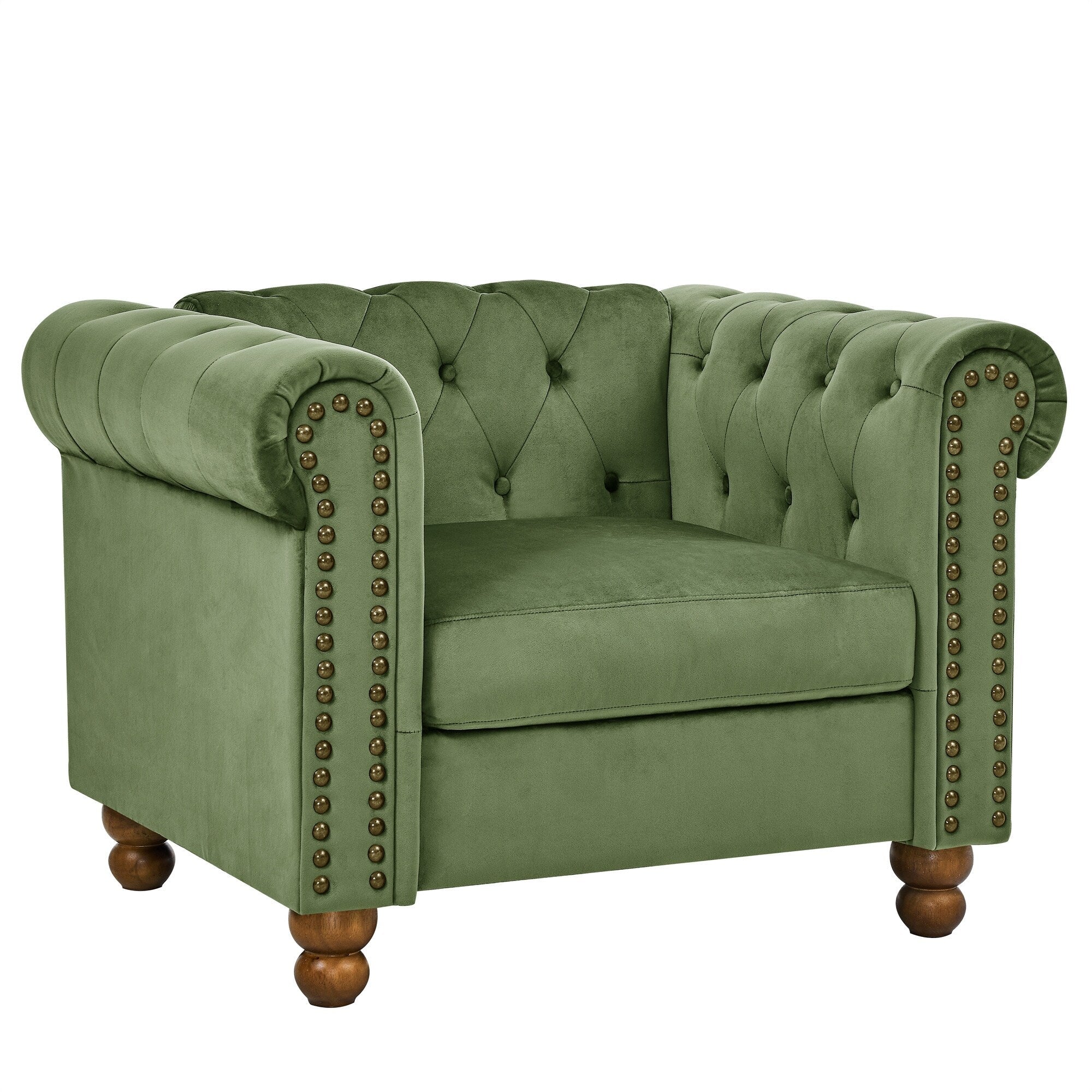Canapé Chesterfield en velours de 74,5 pouces avec capitonnage à boutons, accoudoirs à volutes, pieds tournés et design élégant