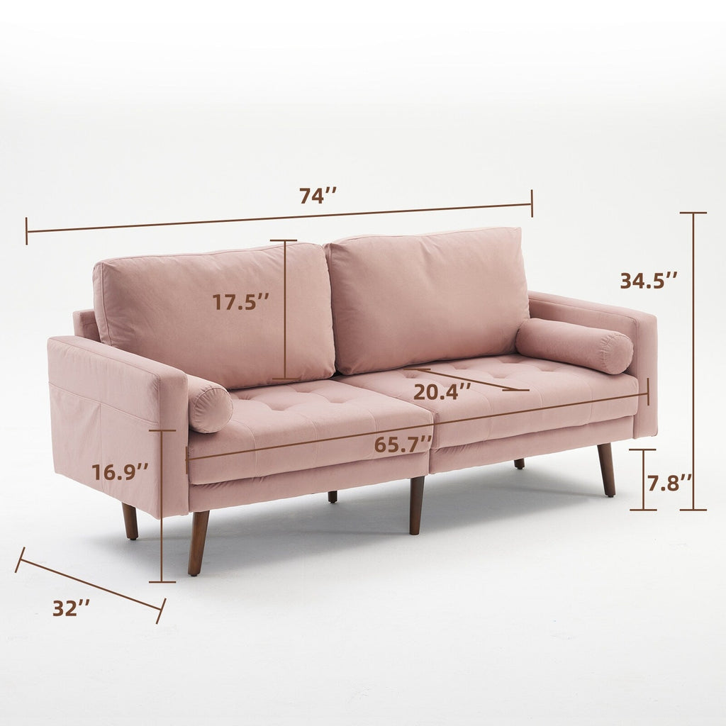 Canapé 3 places moderne en tissu de 74 pouces avec pieds en bois, poches de rangement et coussins en mousse haute densité