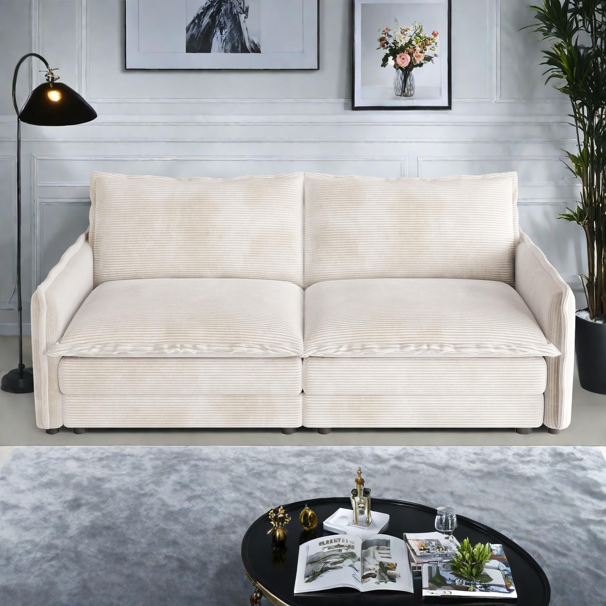 Canapé 2 places en velours côtelé 75, assise profonde avec canapé et 2 coussins pour le salon