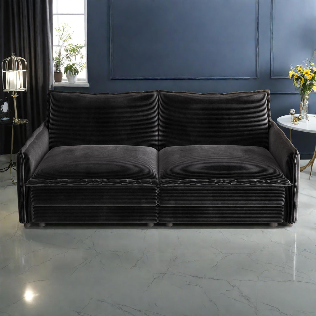 Canapé 2 places en velours côtelé 75, assise profonde avec canapé et 2 coussins pour le salon