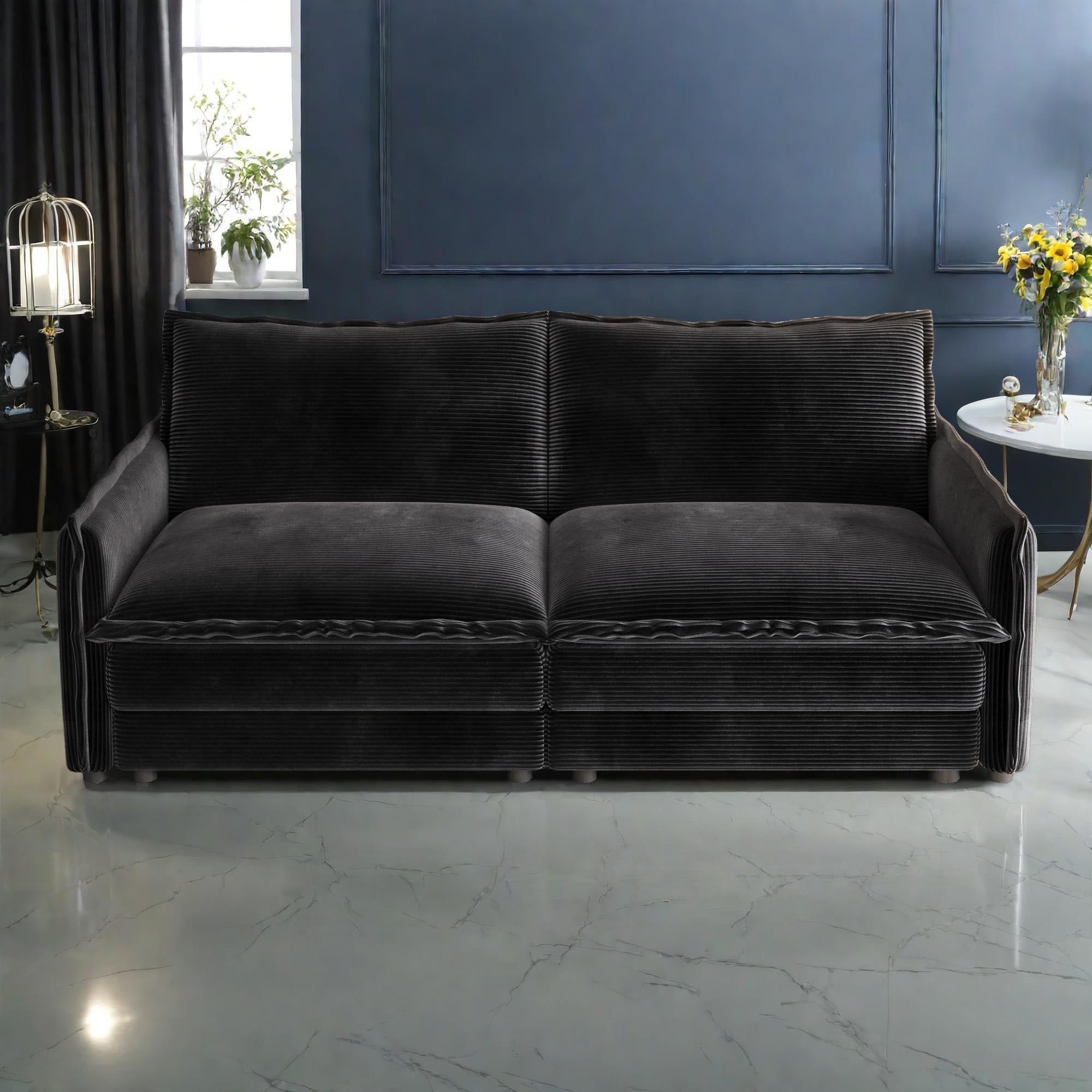 Canapé 2 places en velours côtelé 75, assise profonde avec canapé et 2 coussins pour le salon