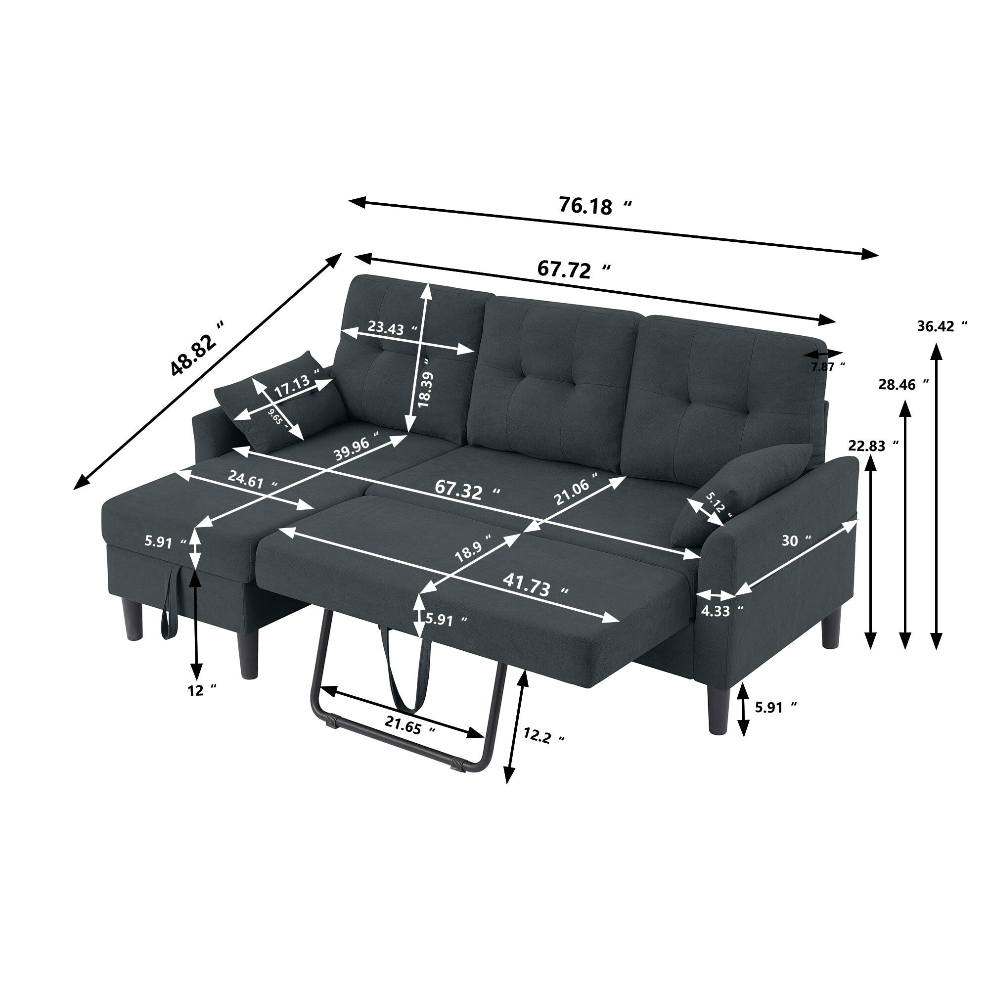 Canapé-lit gigogne rembourré 76,18 avec méridienne de rangement