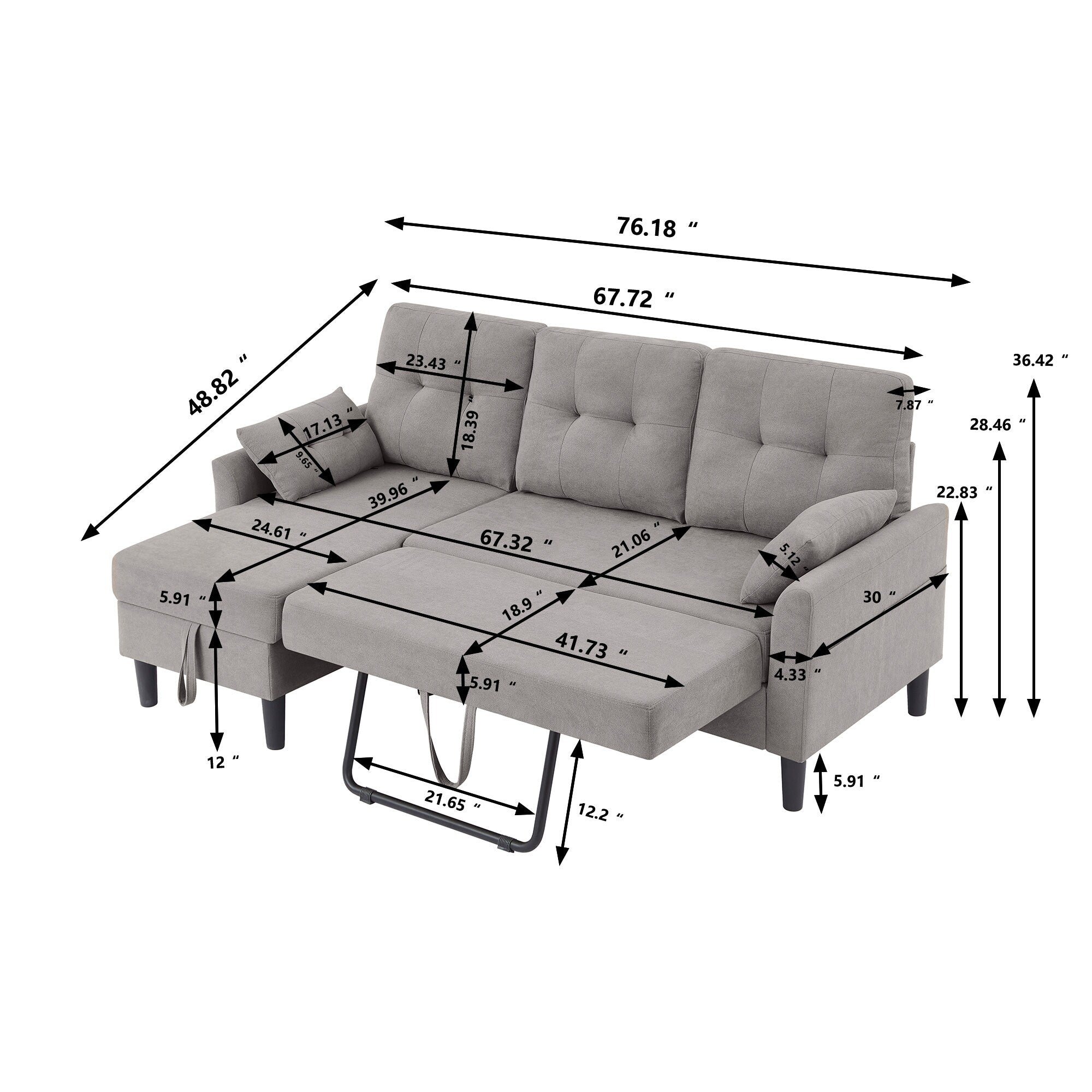 Canapé-lit gigogne rembourré 76,18 avec méridienne de rangement