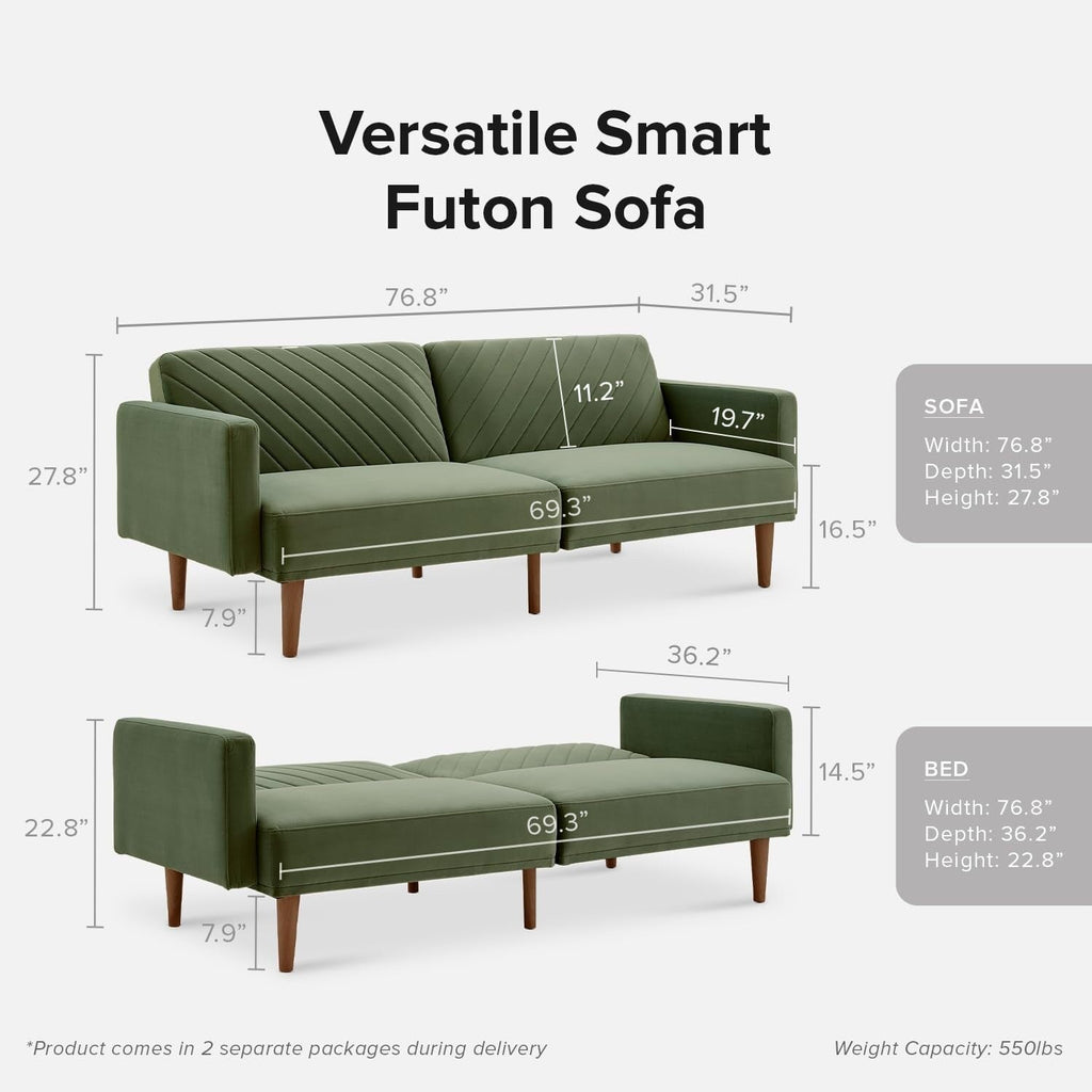 Canapé-lit futon moderne du milieu du siècle 76,8 po - Petit canapé-lit causeuse avec housse en velours de qualité supérieure pour salon, vert olive