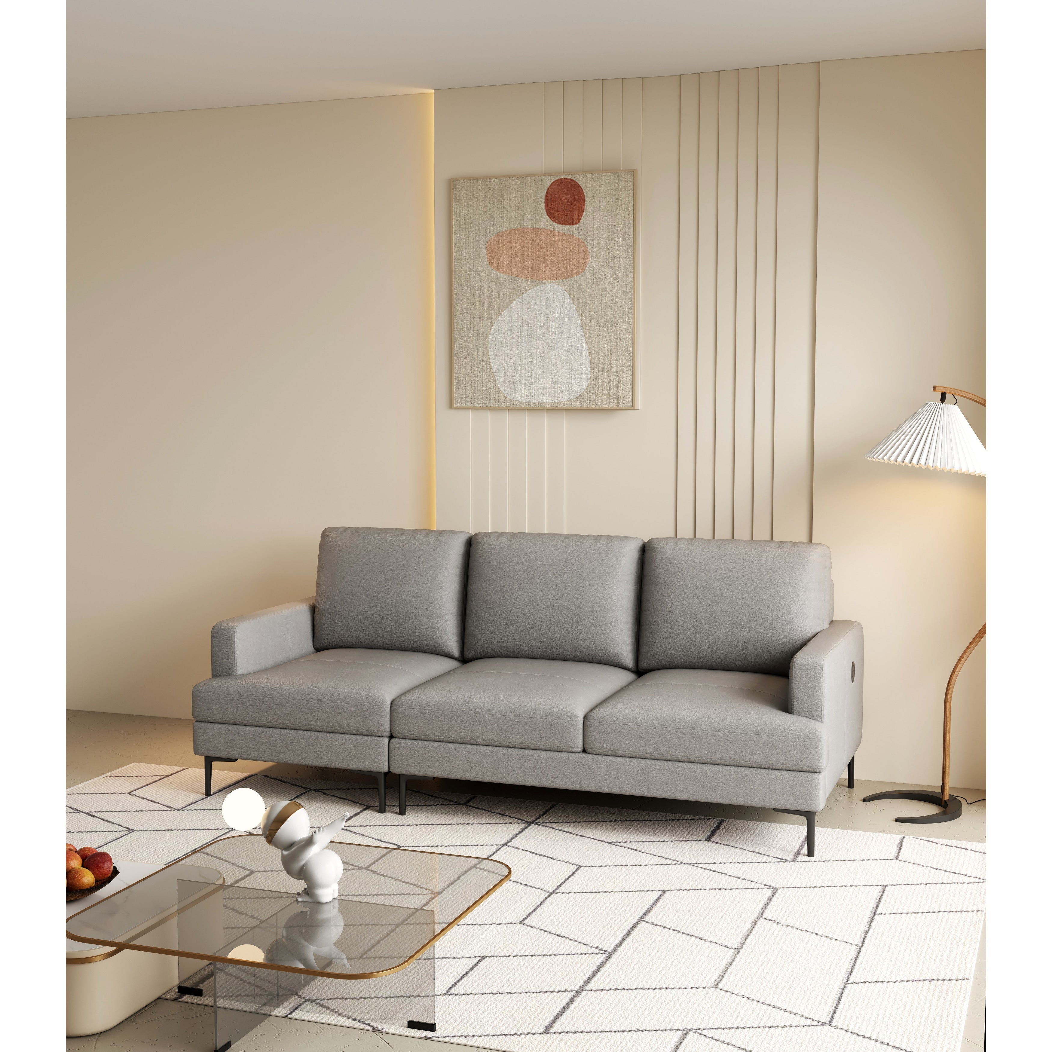 Canapé 3 places en cuir véritable 77 pouces avec chargeur USB, coussins haute résilience et pieds en métal noir