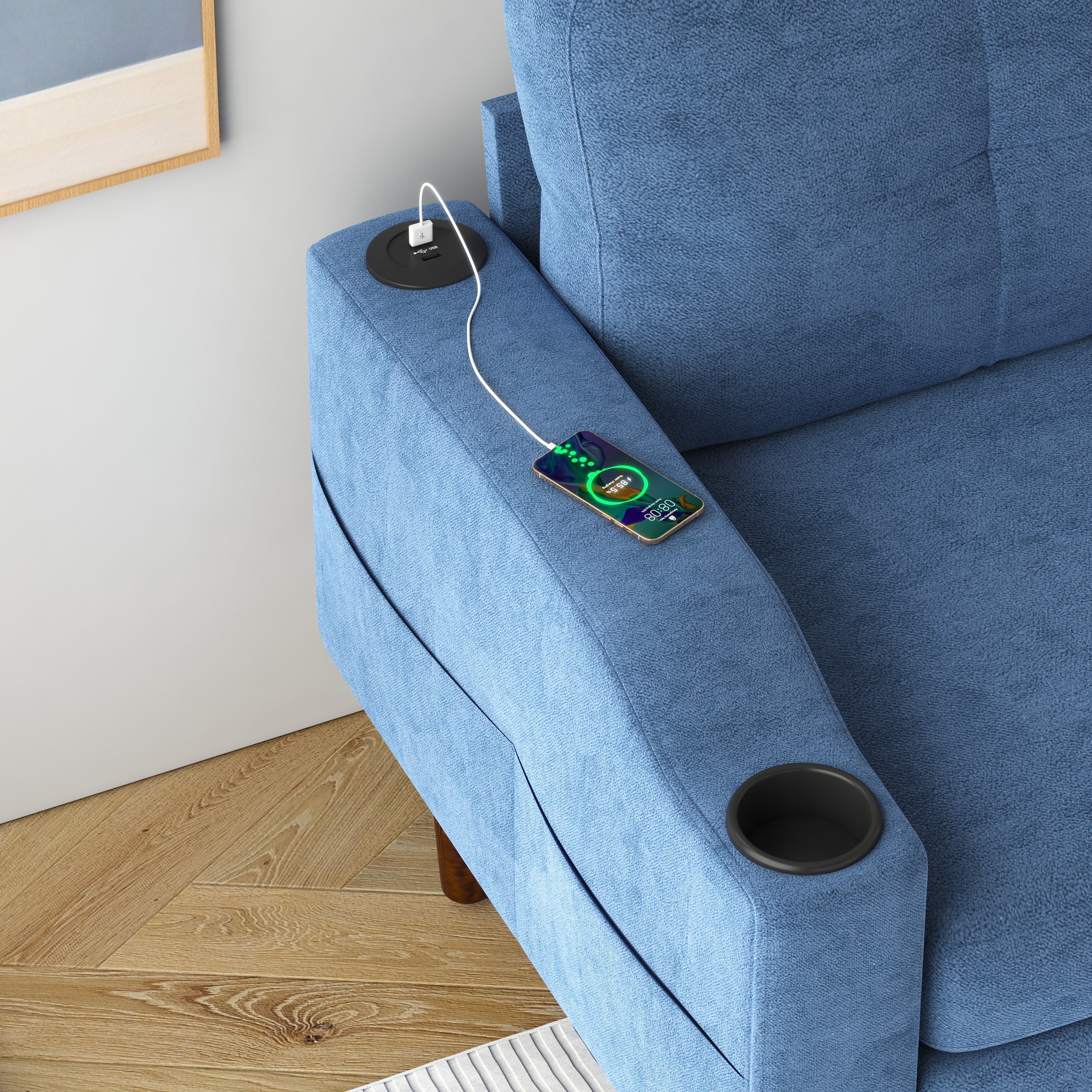 Canapé 3 places en L en tissu de 78,74 pouces avec pouf de rangement, port USB et porte-gobelet