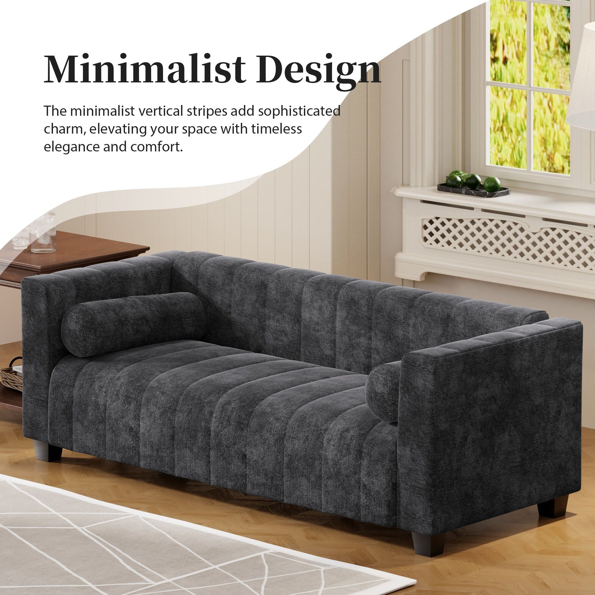 Canapé 3 places rembourré en chenille 78,7 avec pieds en plastique et 2 coussins pour le salon