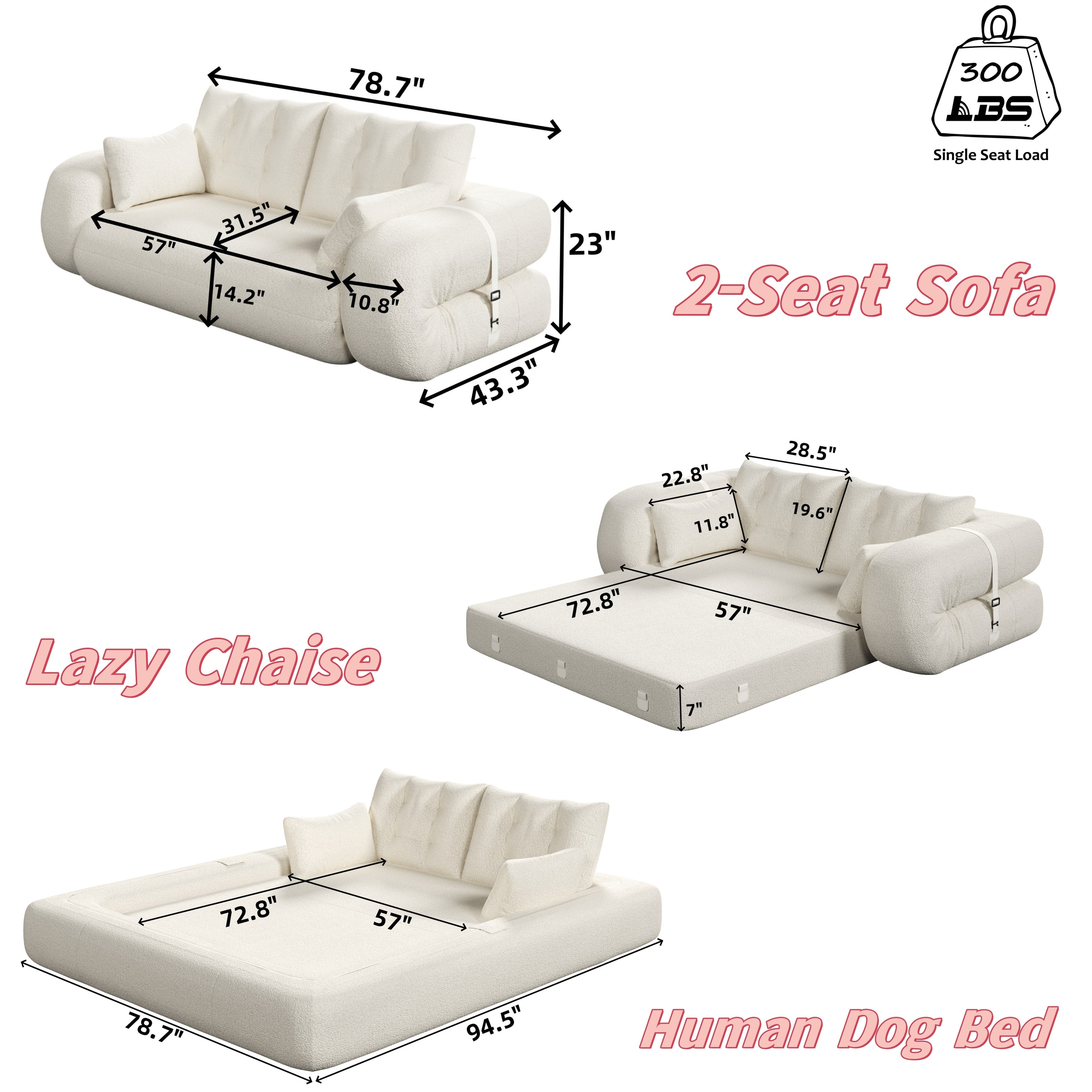 Lit pour chien 78,7 pouces, canapé-lit pliant 3 en 1
