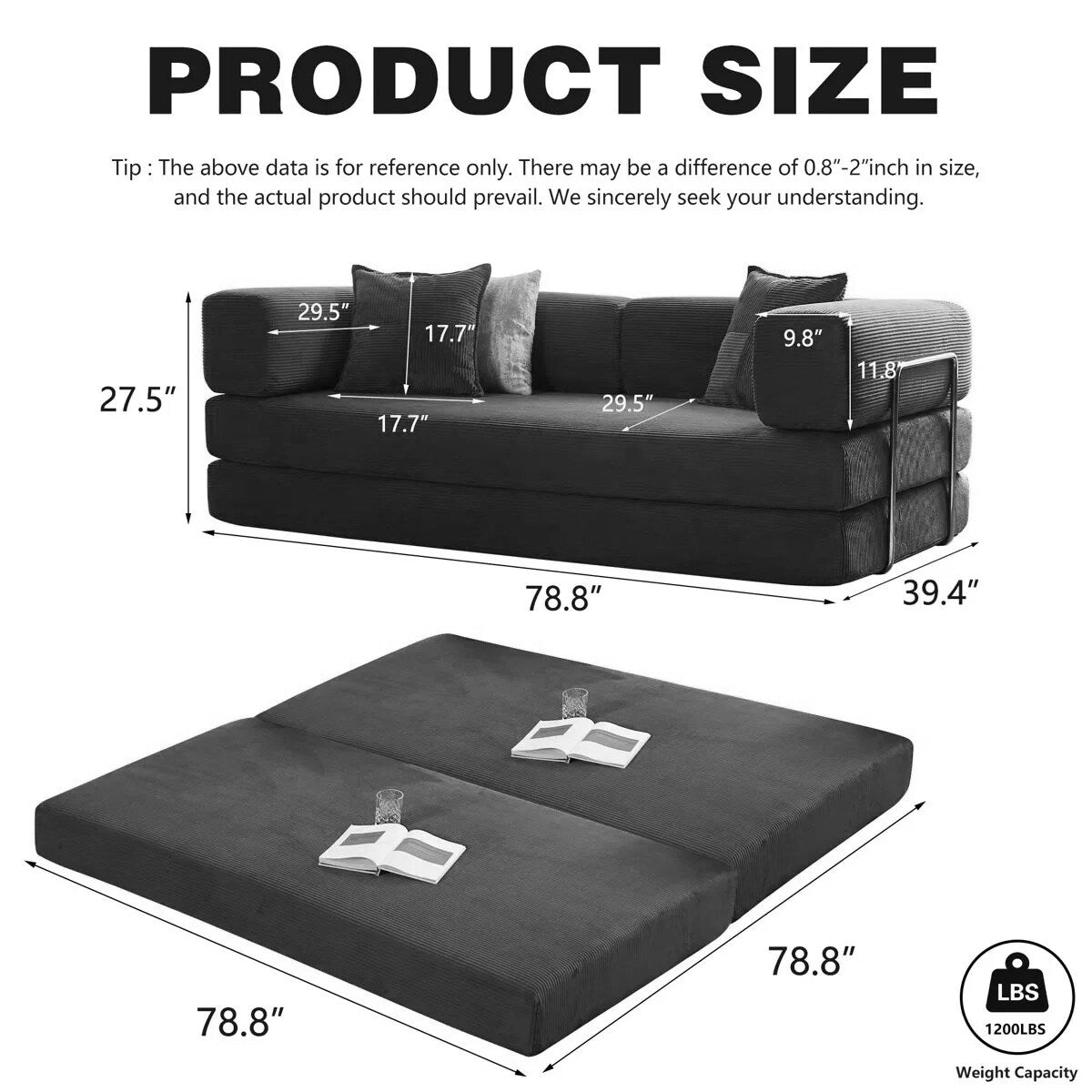 Canapé-lit convertible 78,8 pouces avec oreiller de compression, confortable, futon