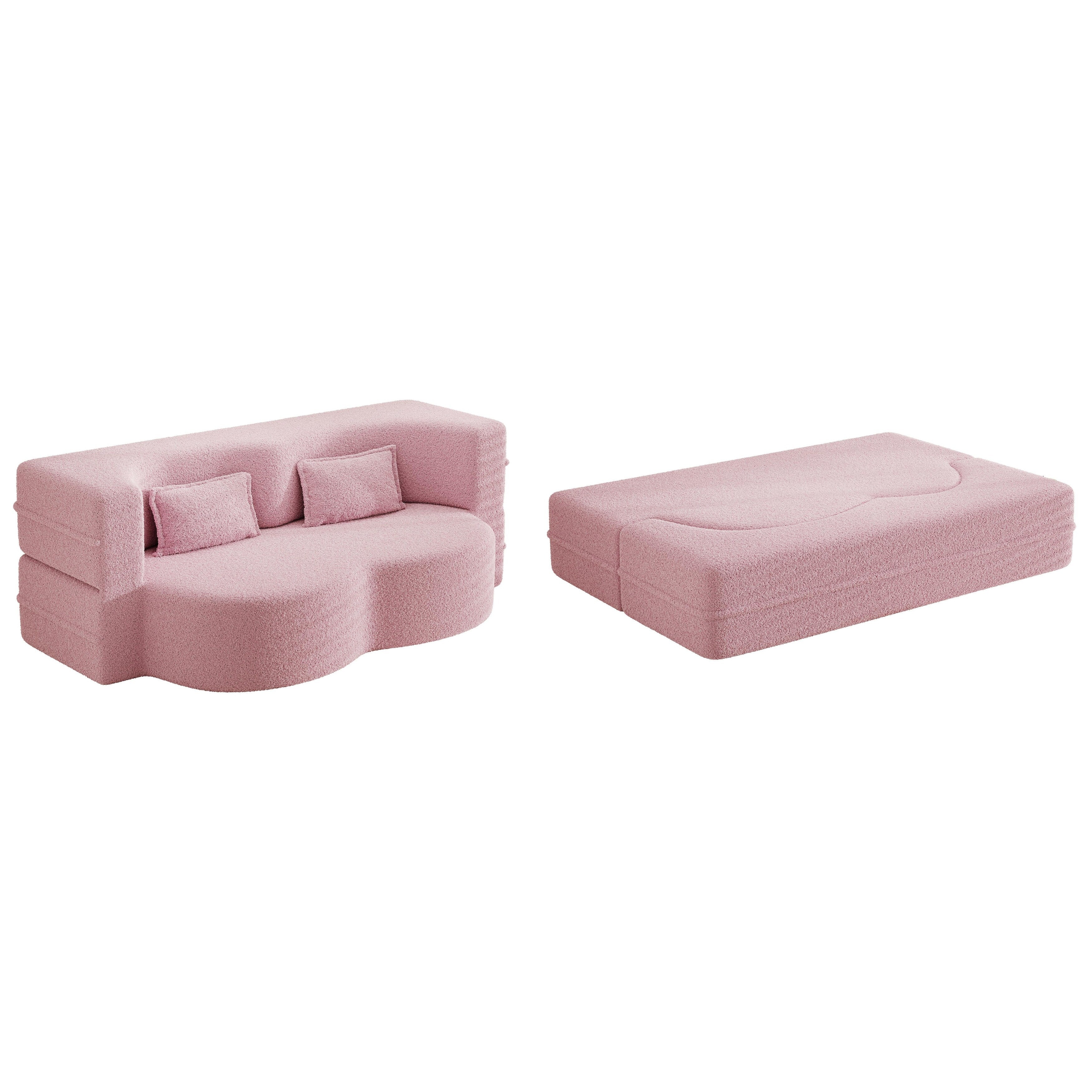 Canapé-lit convertible en tissu Teddy de 78 pouces, rempli de mousse, avec 2 oreillers et matelas pliant pour le salon