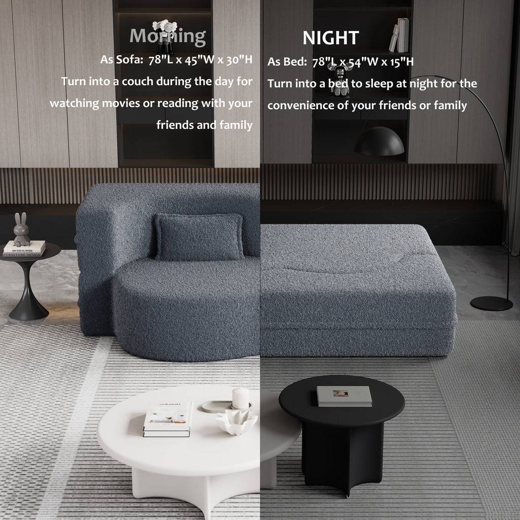 Canapé-lit convertible en tissu Teddy de 78 pouces, rempli de mousse, avec 2 oreillers et matelas pliant pour le salon