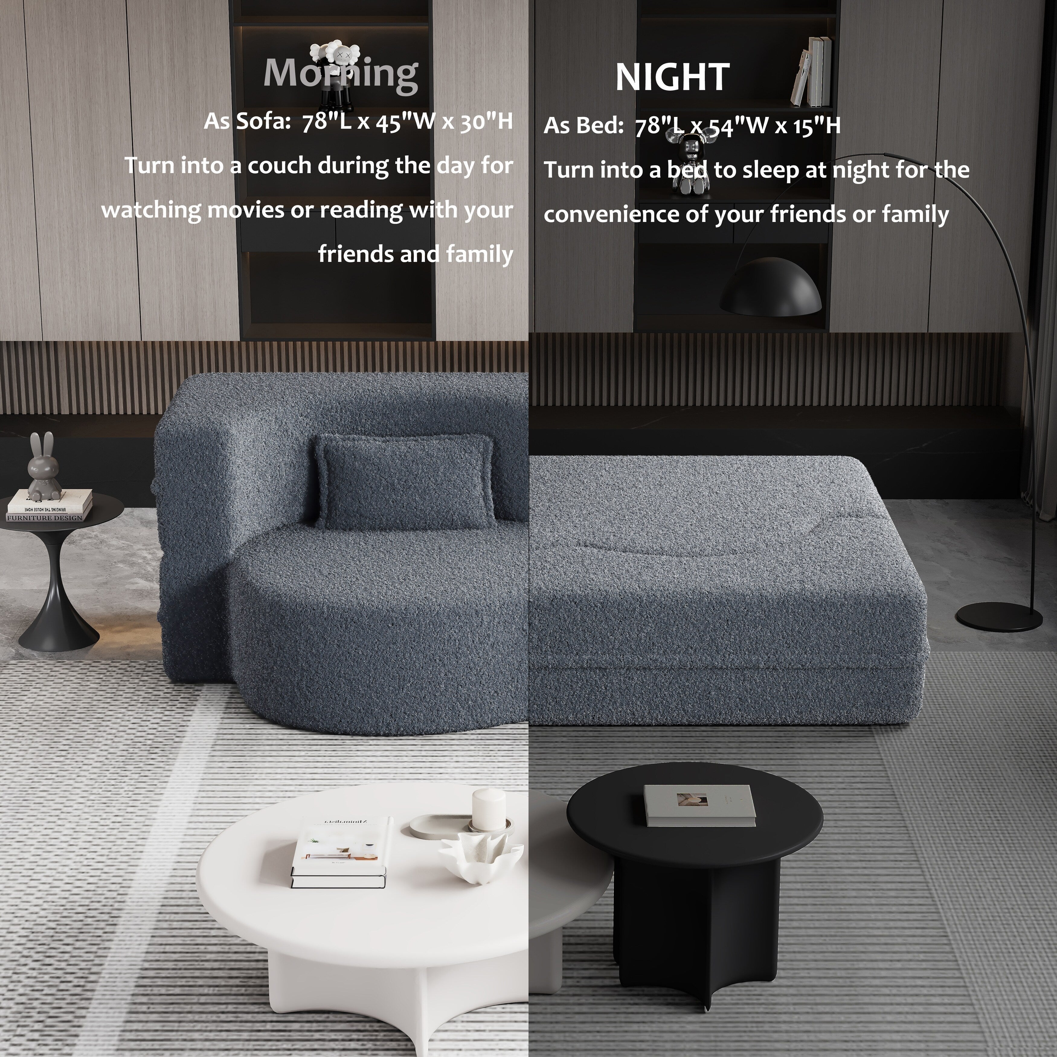 Canapé-lit convertible en tissu Teddy de 78 pouces, rempli de mousse, avec 2 oreillers et matelas pliant pour le salon