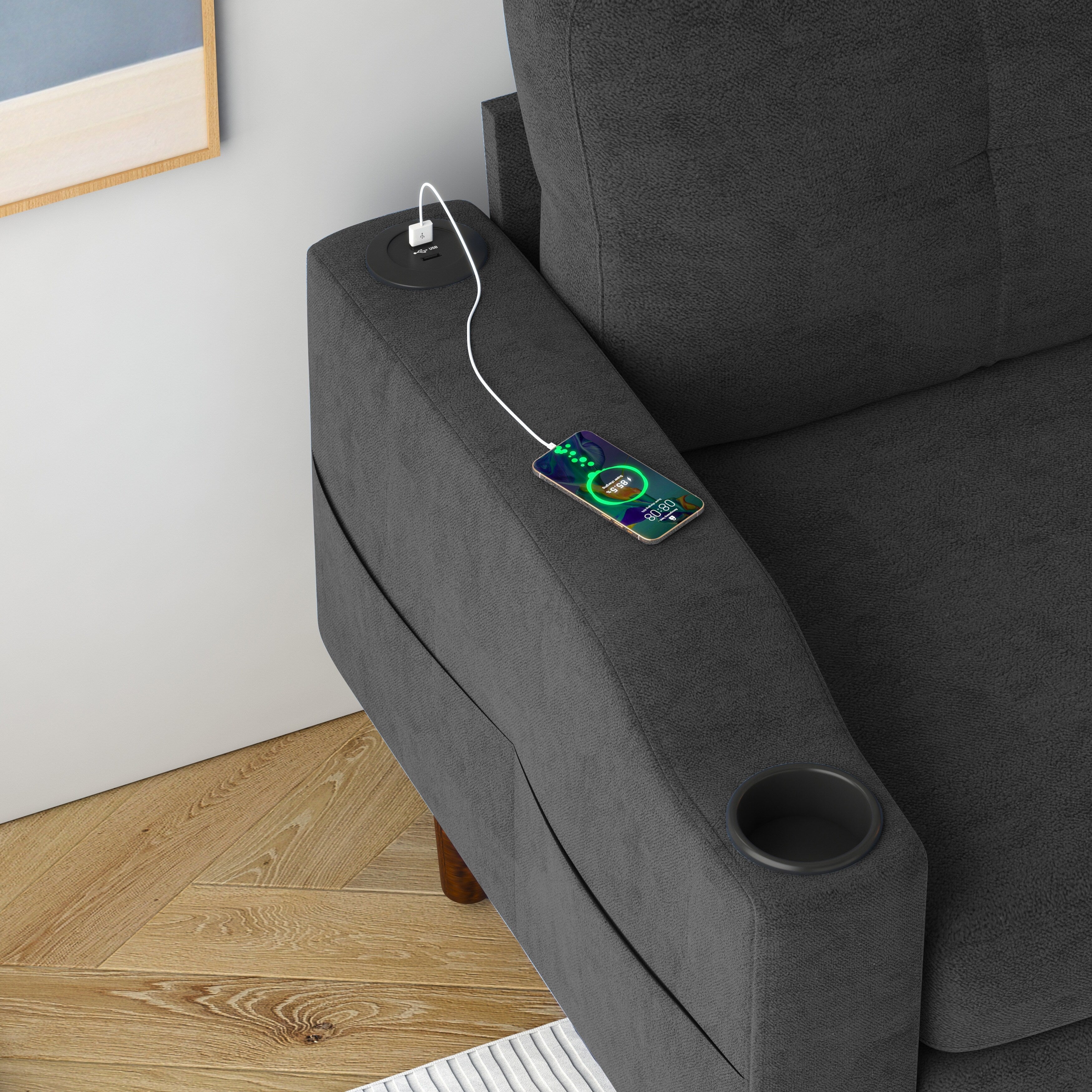 Canapé convertible 3 places en L en tissu de 78 po avec rangement, port USB et porte-gobelet