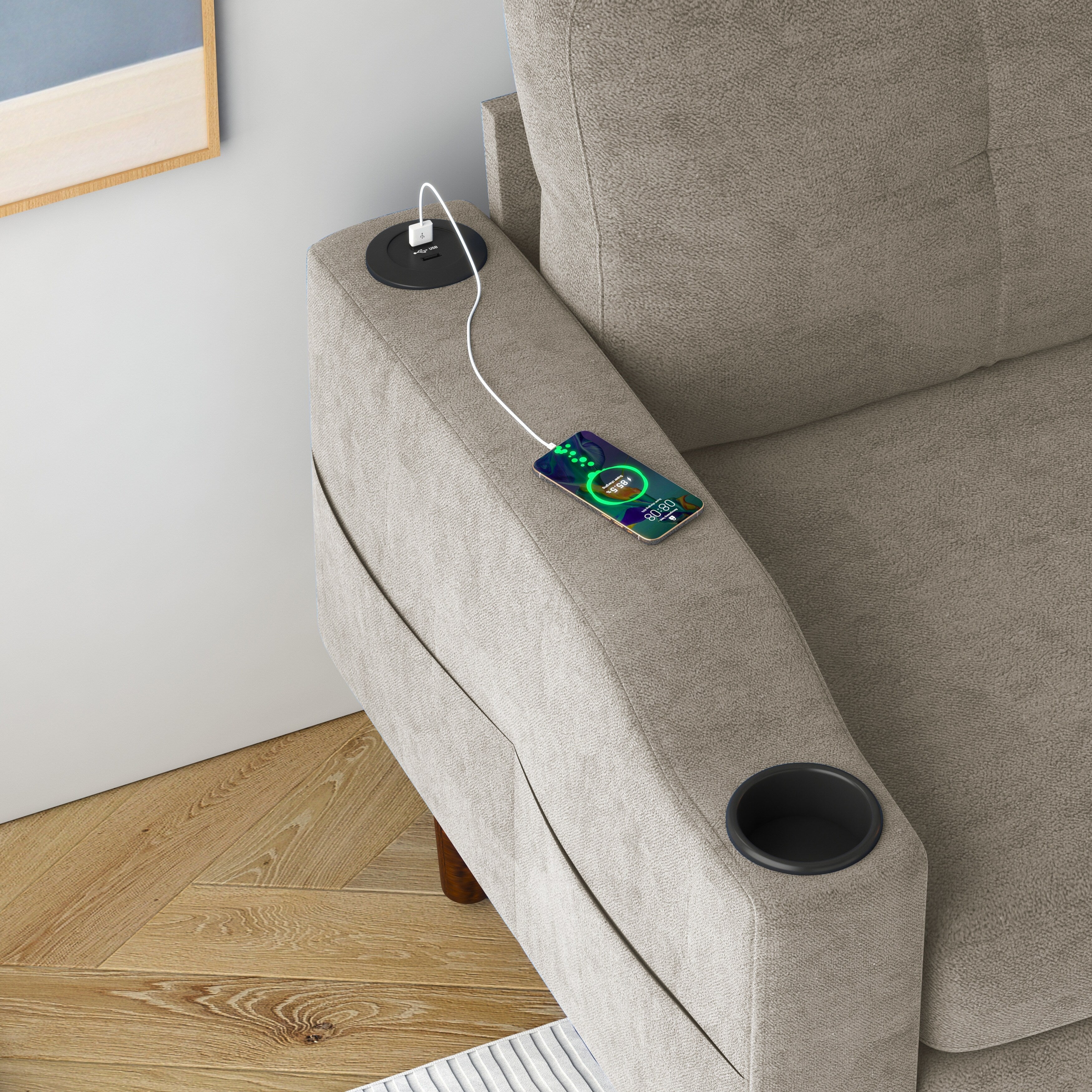 Canapé convertible en L en tissu de 78 po avec rangement, port USB et porte-gobelet – Idéal pour les petits espaces