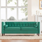 Canapé 3 places en velours de 78 po avec capitonnage à boutons, pieds en bois, coussins traversins et assemblage sans outil