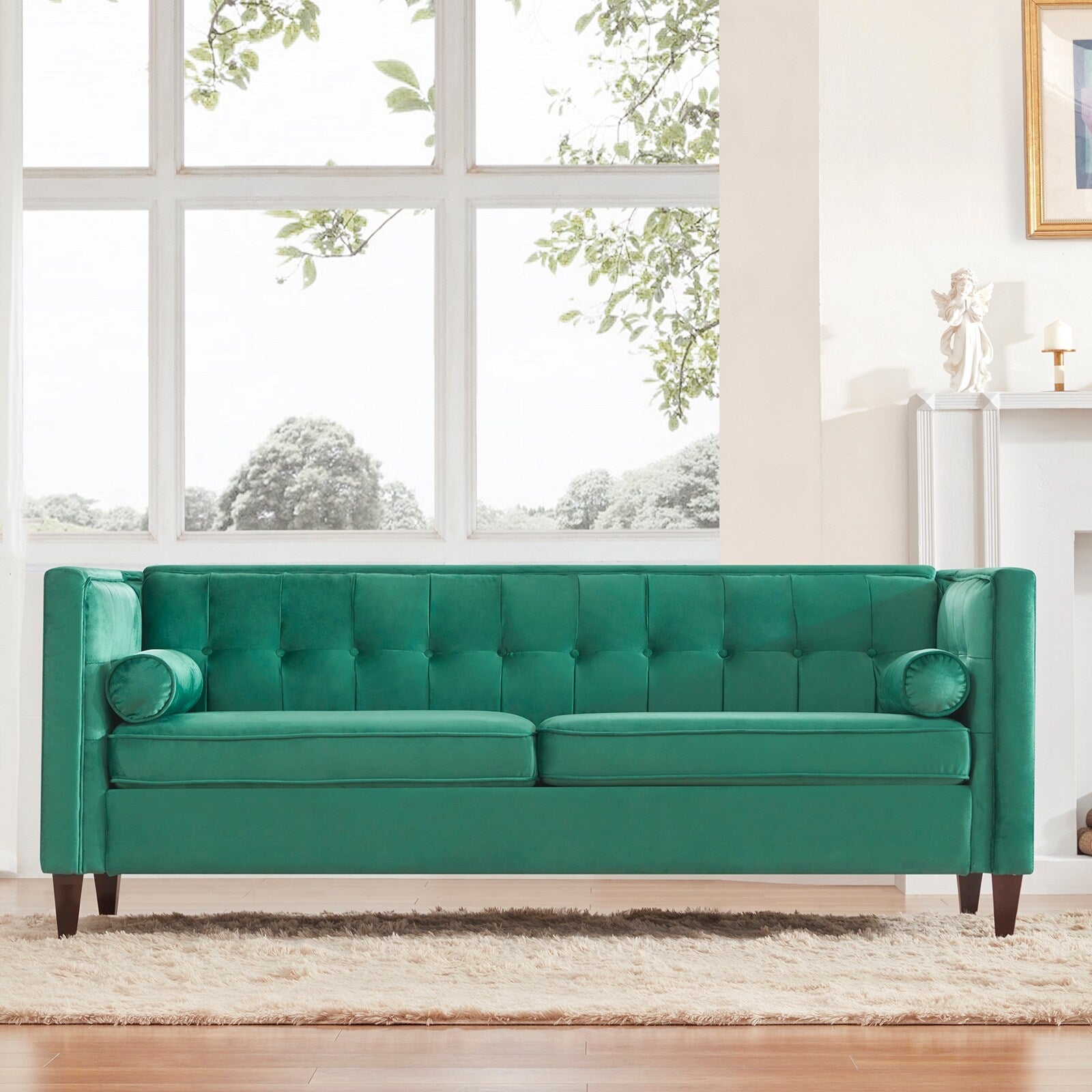 Canapé 3 places en velours de 78 po avec capitonnage à boutons, pieds en bois, coussins traversins et assemblage sans outil