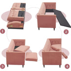 Canapé 3 places en velours de 78 po avec capitonnage à boutons, pieds en bois, coussins traversins et assemblage sans outil