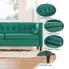 Canapé 3 places en velours de 78 po avec capitonnage à boutons, pieds en bois, coussins traversins et assemblage sans outil