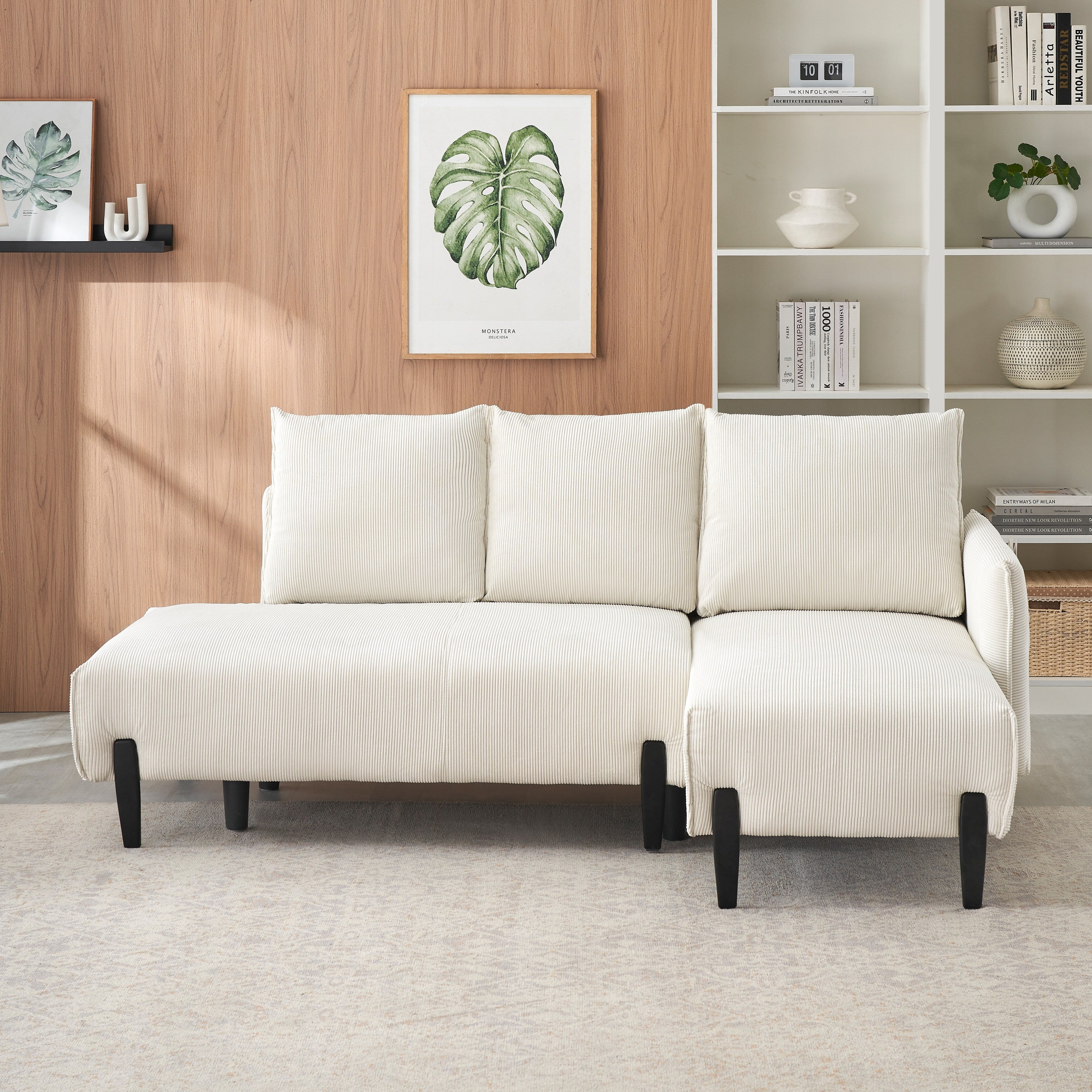 Canapé en velours côtelé beige 79,5 avec 3 coussins pour appartement ou bureau