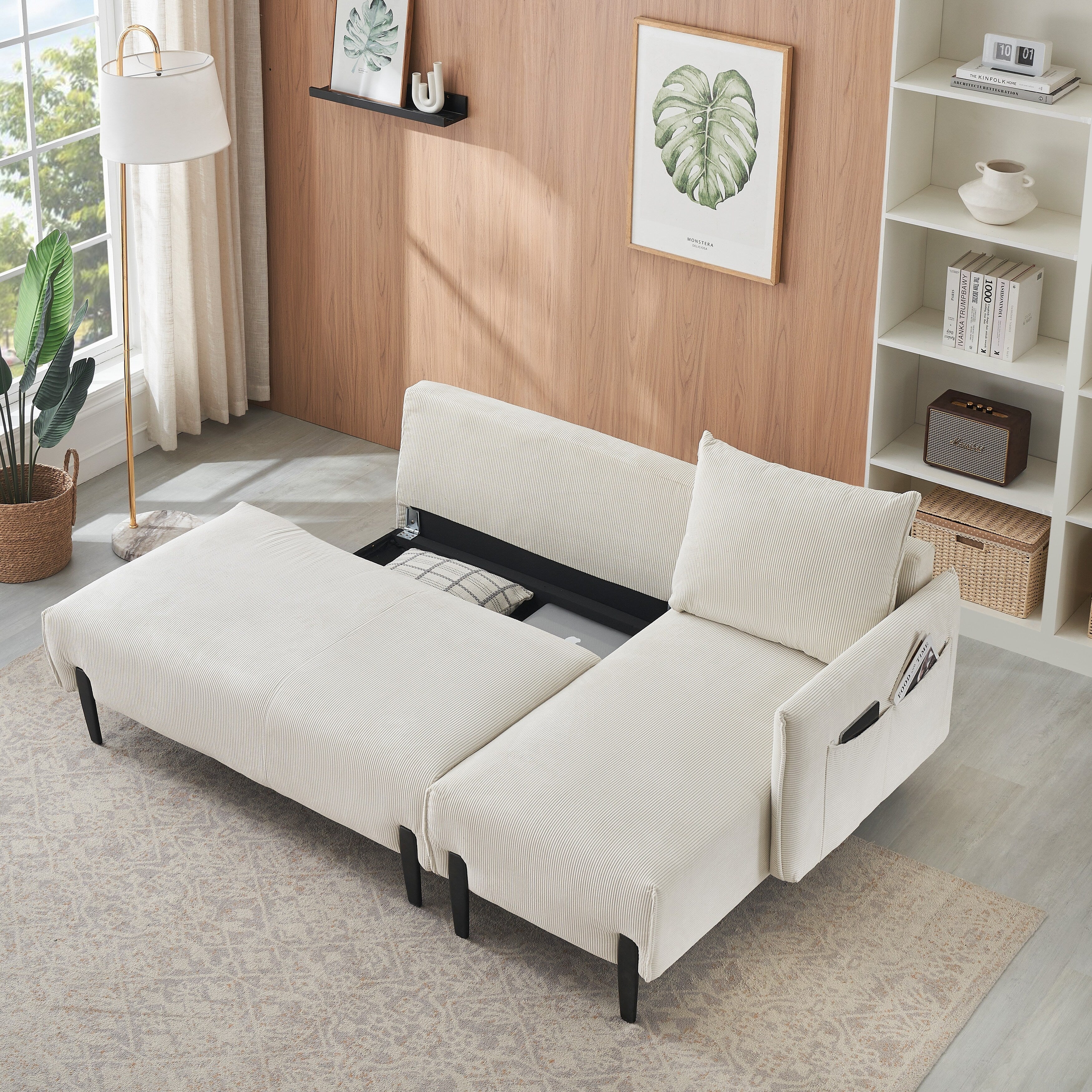 Canapé en velours côtelé beige 79,5 avec 3 coussins pour appartement ou bureau