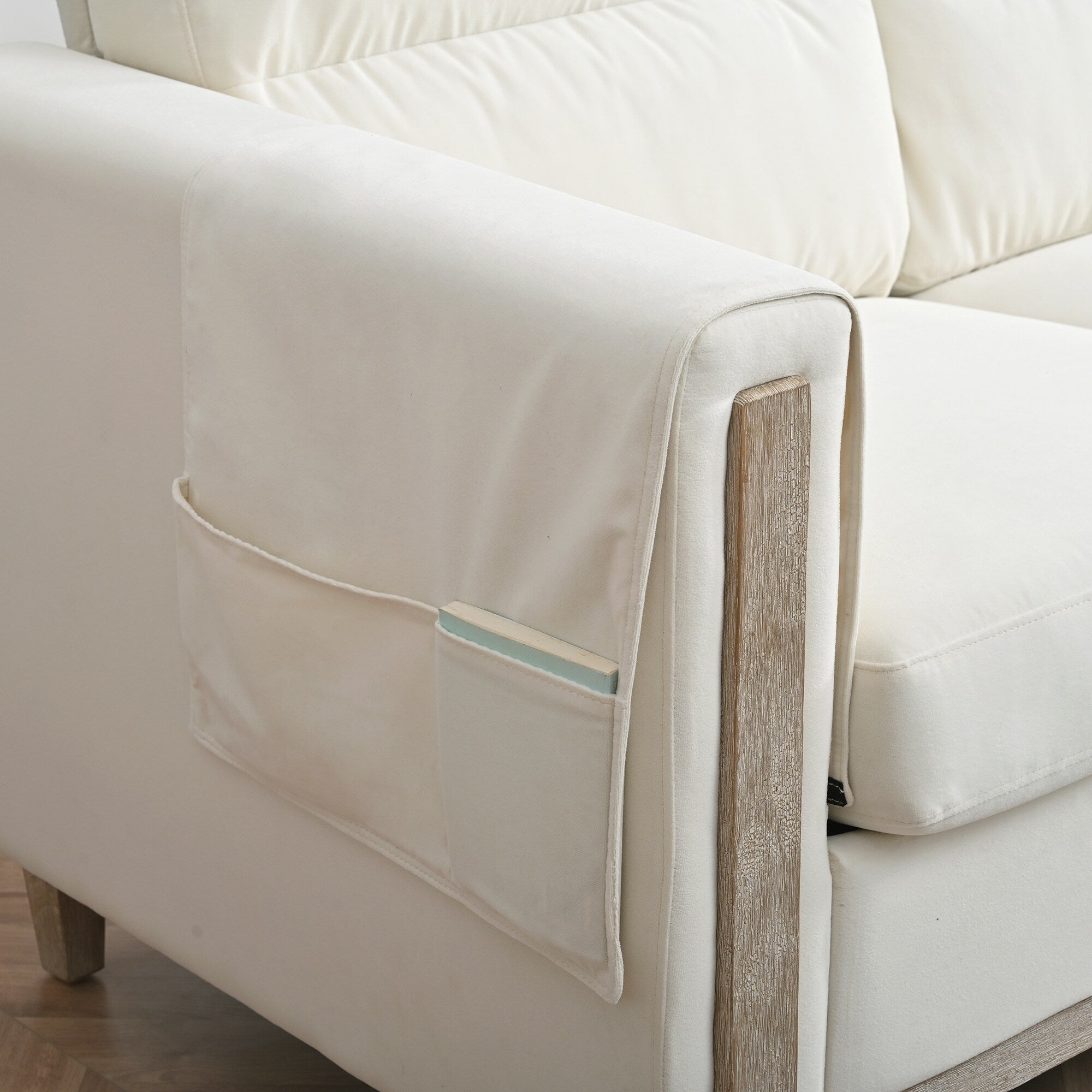 Canapé 3 places en velours massif 79,5" avec assise à ressorts ensachés, dossier en mousse PP et poche de rangement latérale