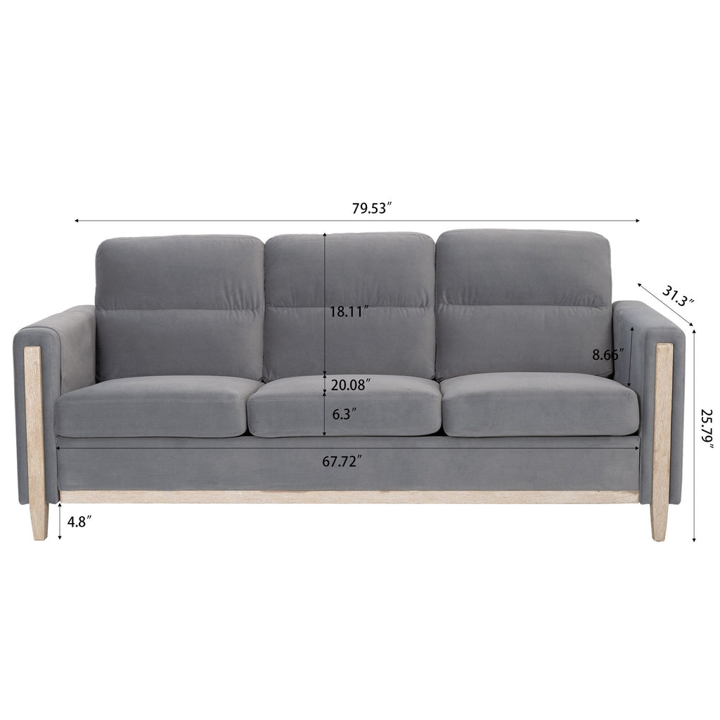 Canapé 3 places en velours massif 79,5" avec assise à ressorts ensachés, dossier en mousse PP et poche de rangement latérale