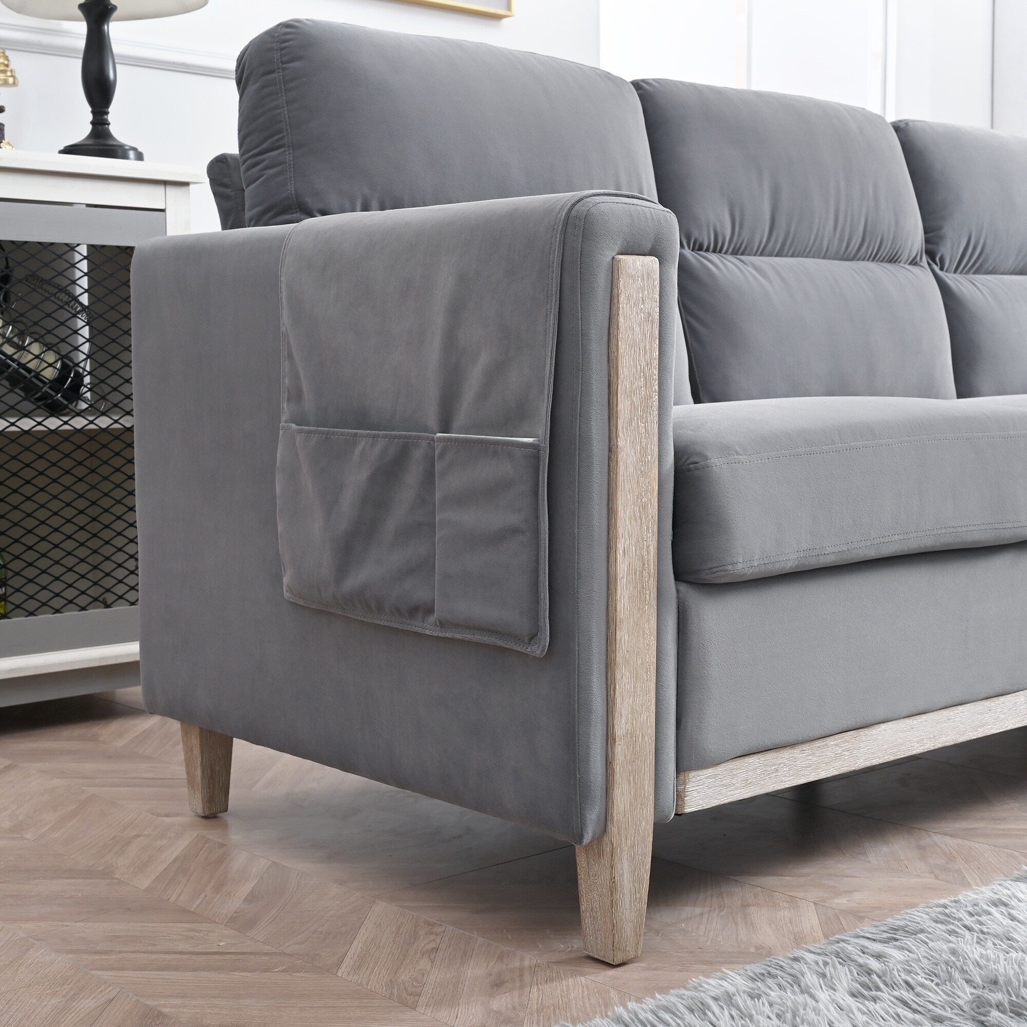 Canapé 3 places en velours massif 79,5" avec assise à ressorts ensachés, dossier en mousse PP et poche de rangement latérale