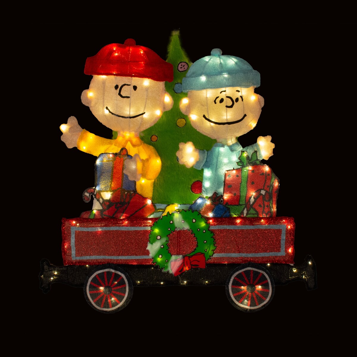 Ensemble de 2 trains Peanuts pré-éclairés à LED 2D Yard Art, 2 pièces