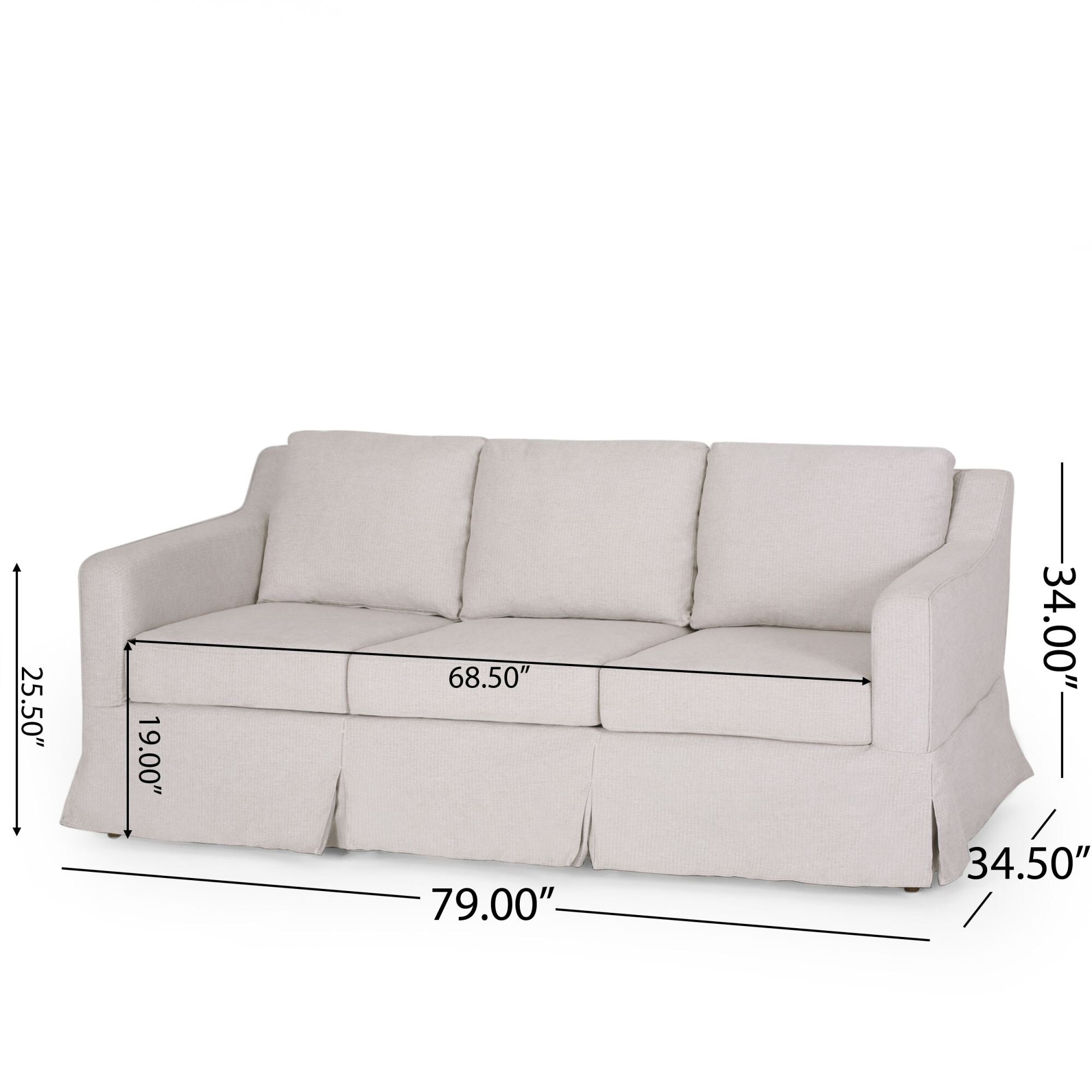 Canapé 3 places en tissu rayé avec accoudoirs encastrés et jupe pour salon