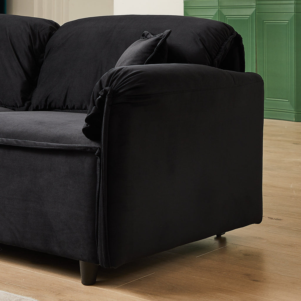 Canapé inclinable 3 places en velours avec 2 coussins, structure en bois massif et ressorts sinueux.