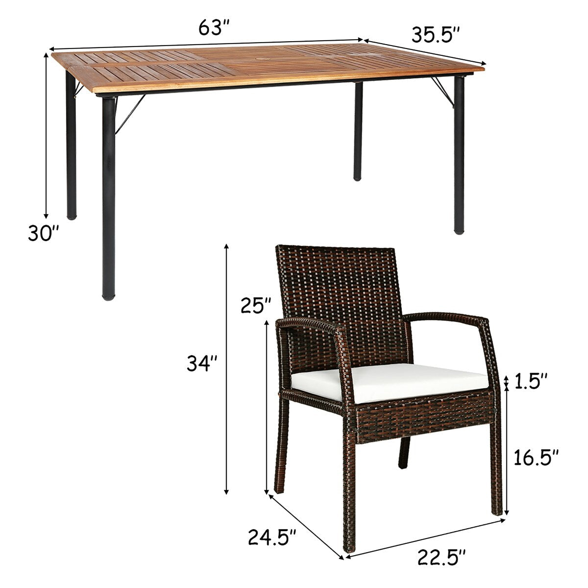 Ensemble de 7 chaises et table de salle à manger d'extérieur en rotin avec trou pour parasol