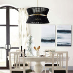 Lustre tambour bohème moderne à 8 lumières, grand format, 61 cm, en tissu tissé à la main, couleur or/noir, pour salle à manger/salon