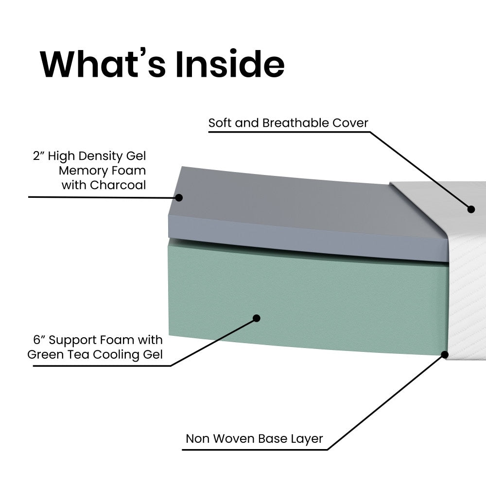 Matelas en mousse à mémoire de forme rafraîchissant au thé vert de 8 pouces, soulageant la pression, dans une boîte