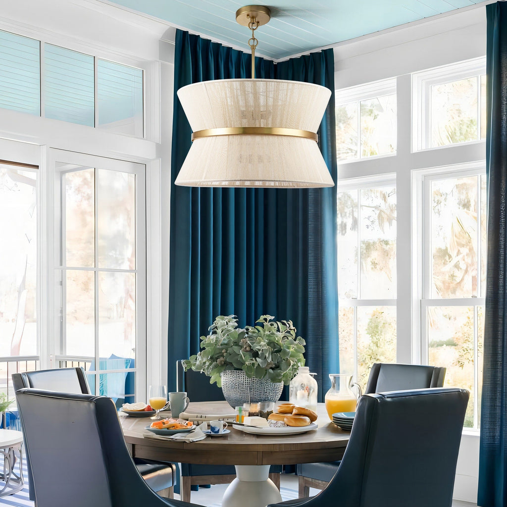 Lustre tambour bohème moderne à 8 lumières, grand format, 61 cm, en tissu tissé à la main, couleur or/noir, pour salle à manger/salon