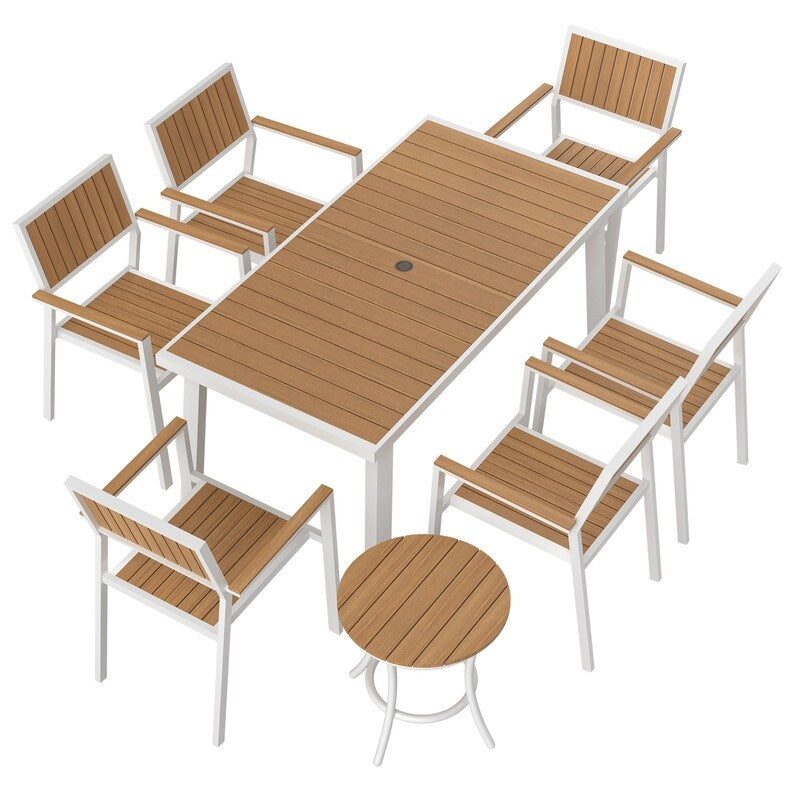 Ensemble de salle à manger d'extérieur 8 pièces avec table rectangulaire, petite table d'appoint et 6 chaises empilables