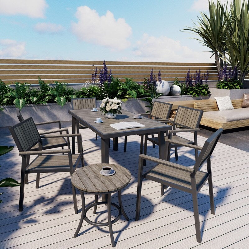 Ensemble de salle à manger d'extérieur 8 pièces avec table rectangulaire, petite table d'appoint et 6 chaises empilables