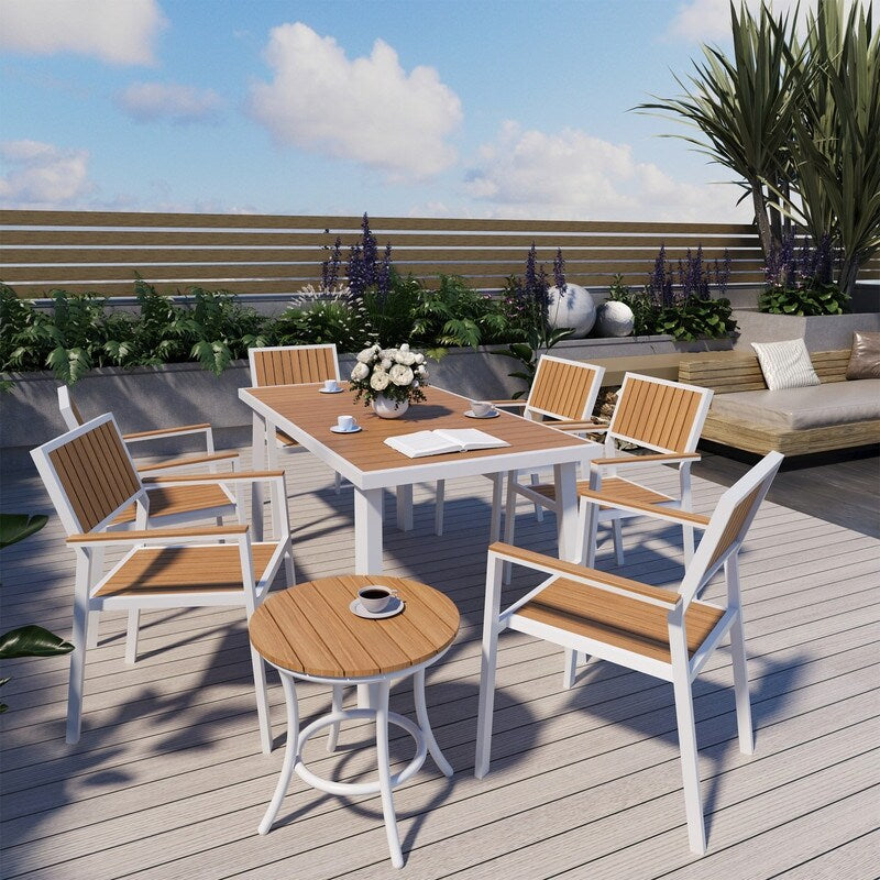 Ensemble de salle à manger d'extérieur 8 pièces avec table rectangulaire, petite table d'appoint et 6 chaises empilables