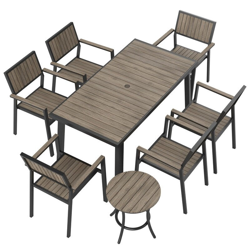 Ensemble de salle à manger d'extérieur 8 pièces avec table rectangulaire, petite table d'appoint et 6 chaises empilables