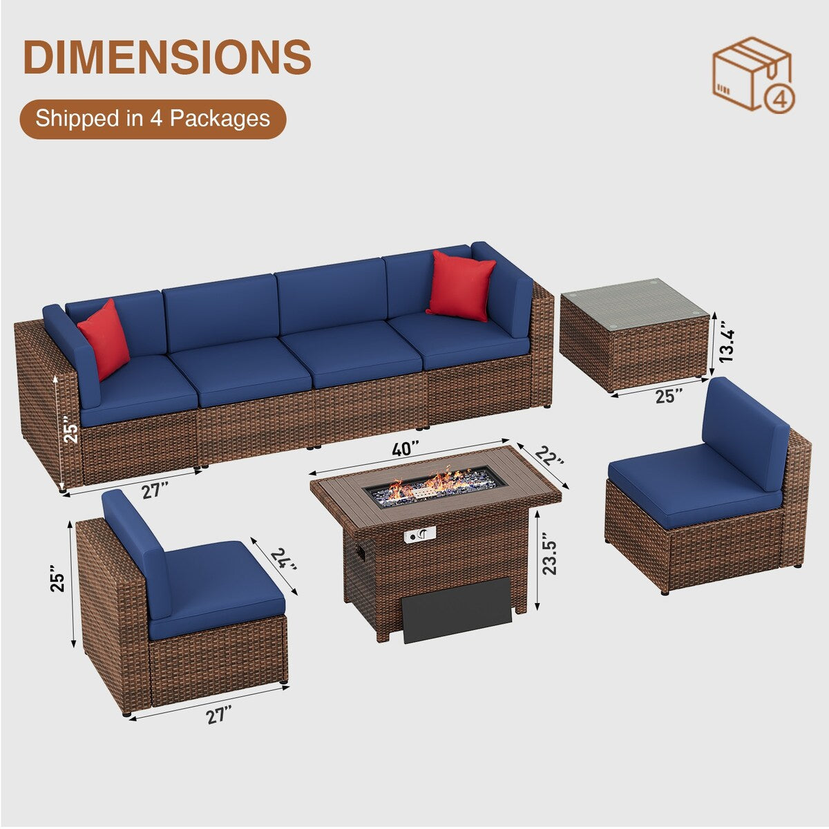 Ensemble de meubles de patio 8 pièces avec table de foyer de 40 pouces