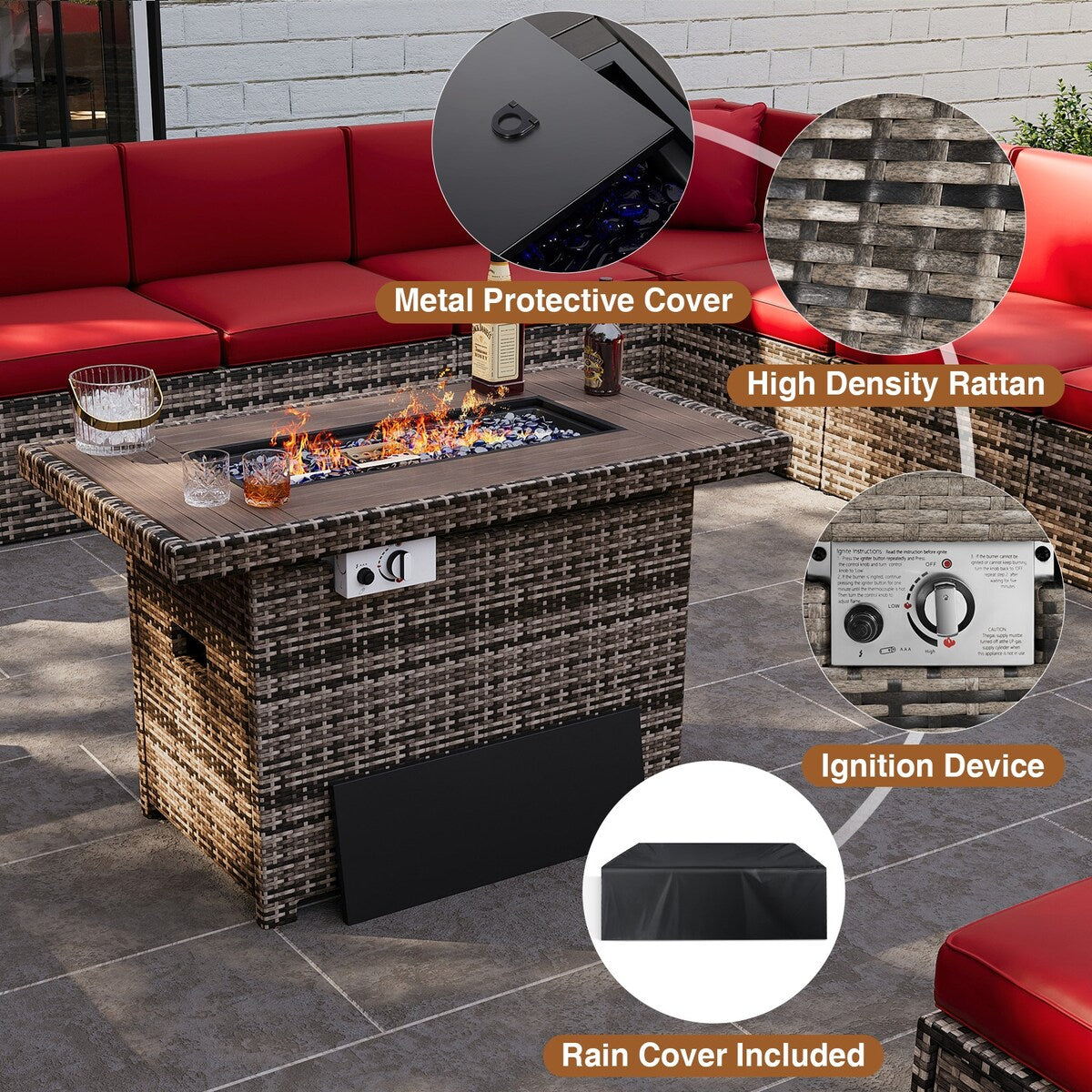 Ensemble de meubles de patio 8 pièces avec table de foyer de 40 pouces