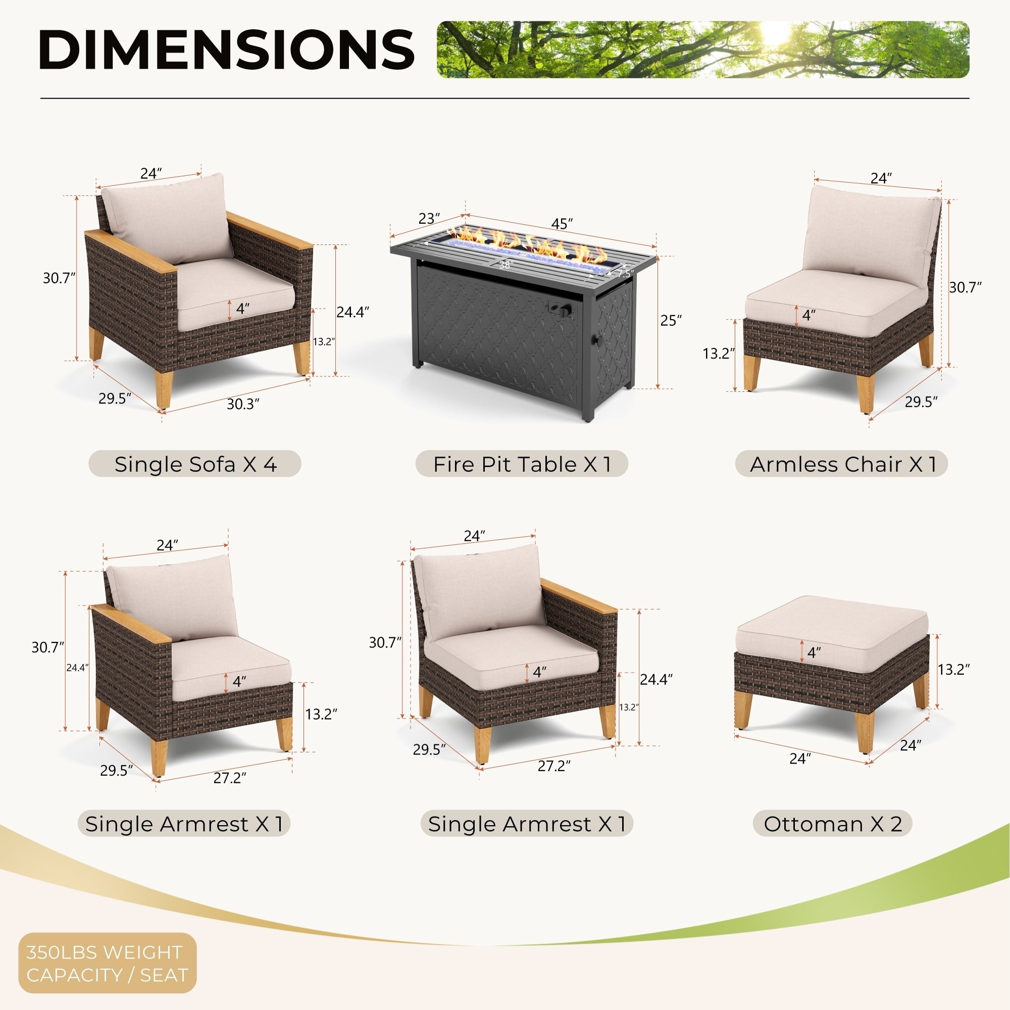 Ensemble de canapés d'extérieur en osier 8 pièces, grands ensembles de conversation avec table et foyer