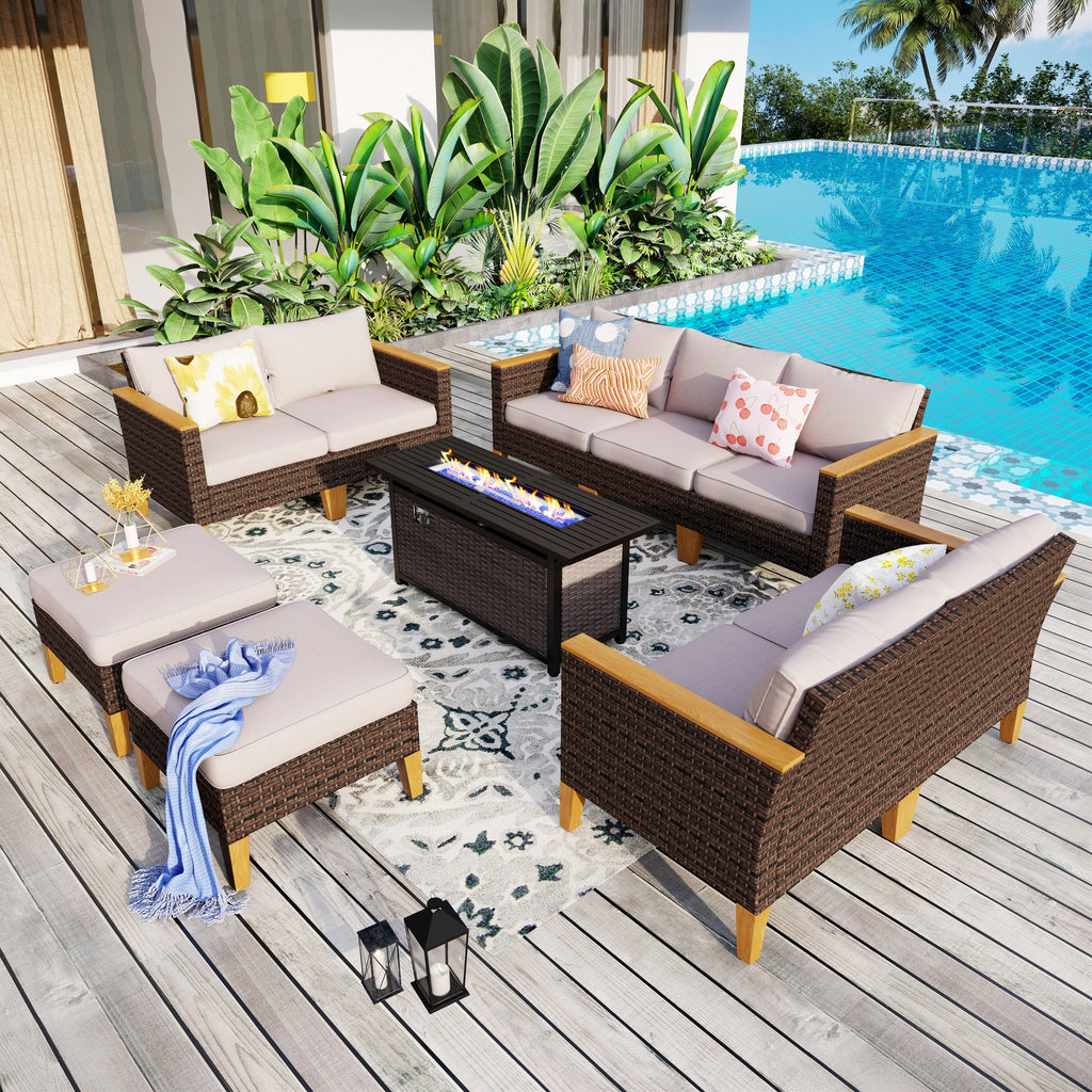 Ensemble de canapés d'extérieur en osier 8 pièces, grands ensembles de conversation avec table et foyer